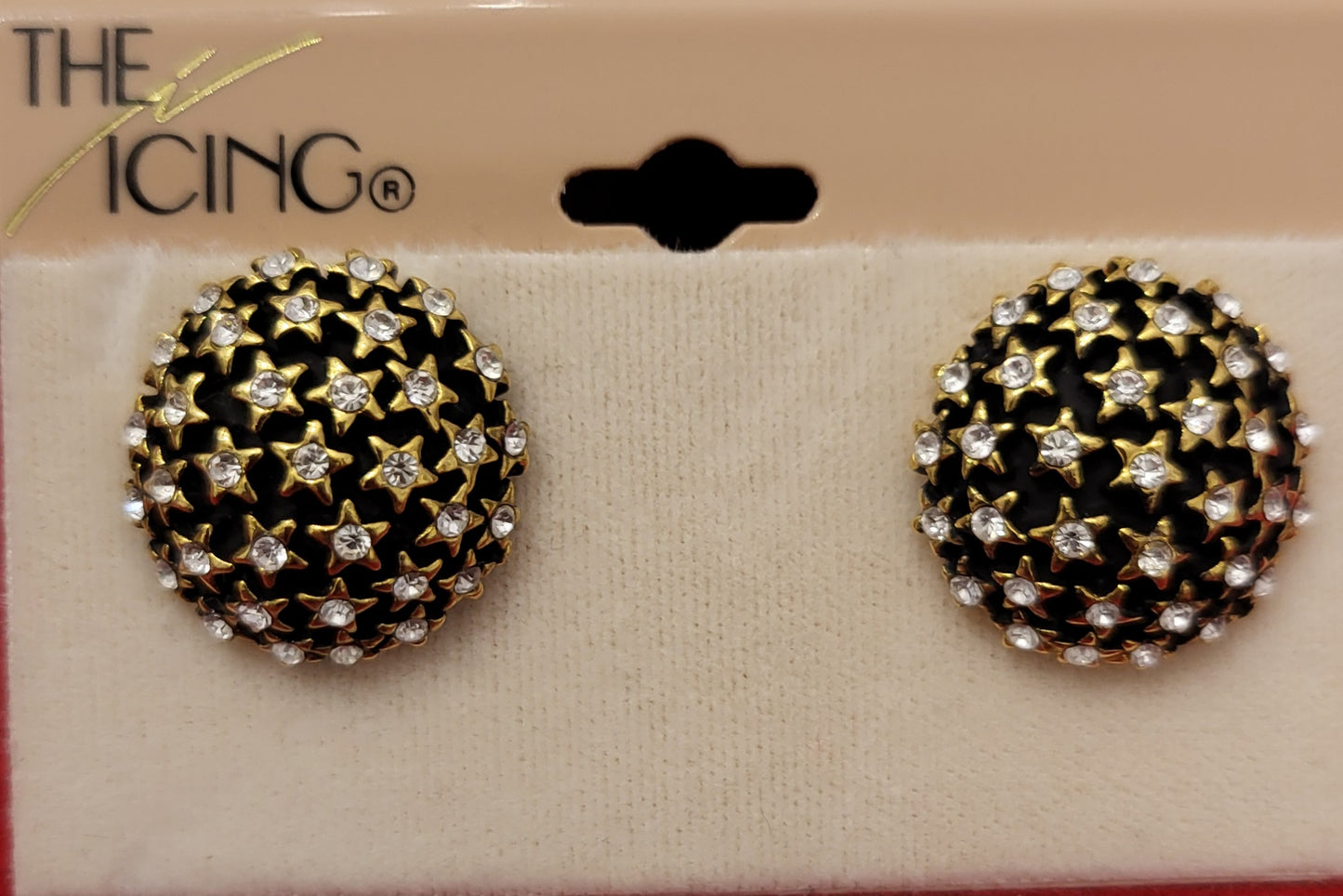 The Icing Pierced Earrings Black with Gold Stars and Rhinestones