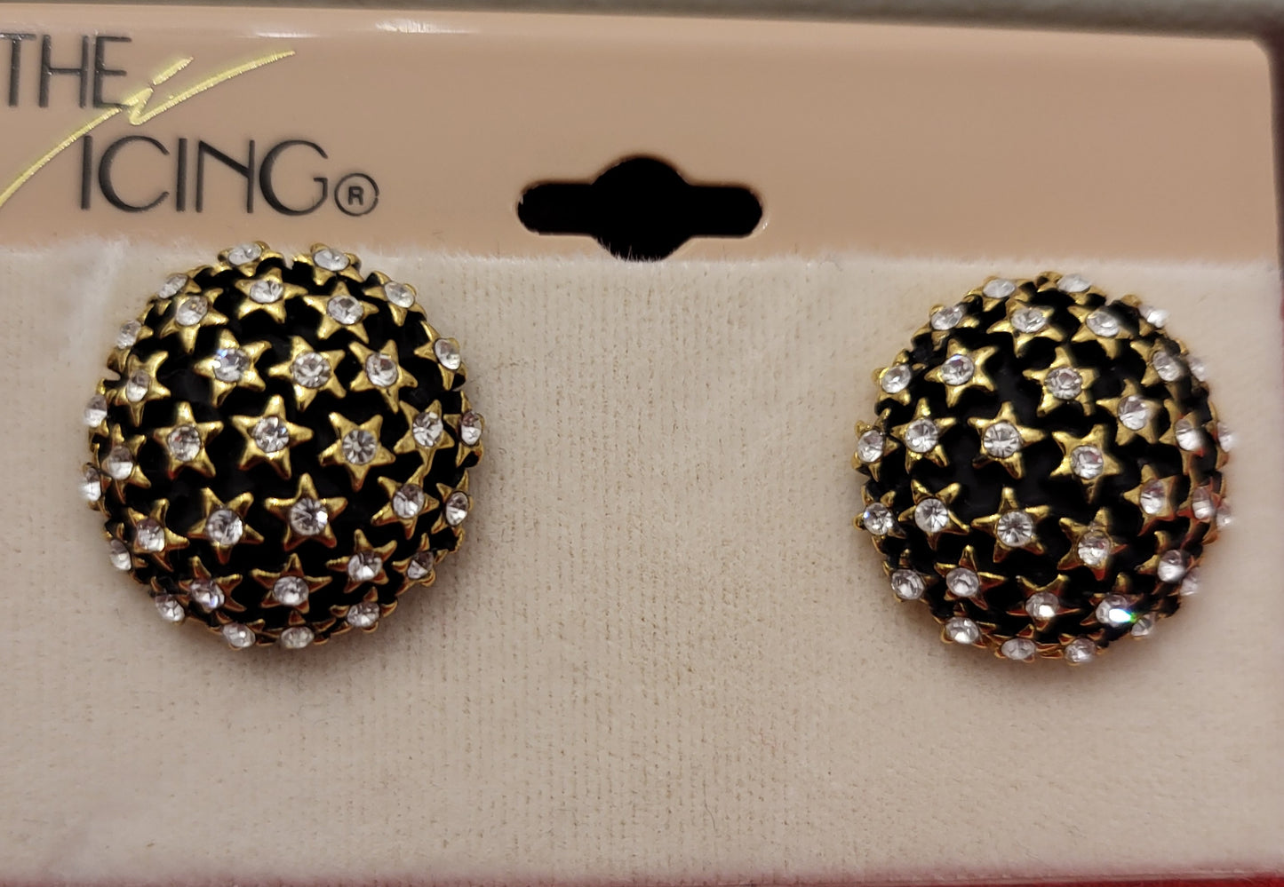 The Icing Pierced Earrings Black with Gold Stars and Rhinestones