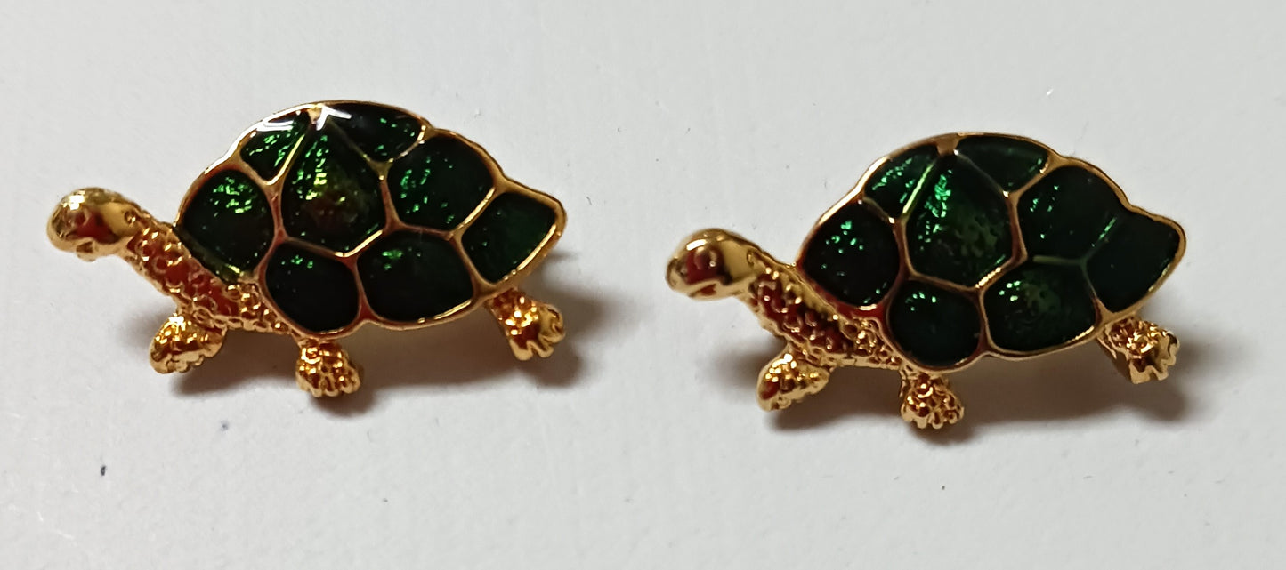 Pair Gold Tone and Green Turtle Pins