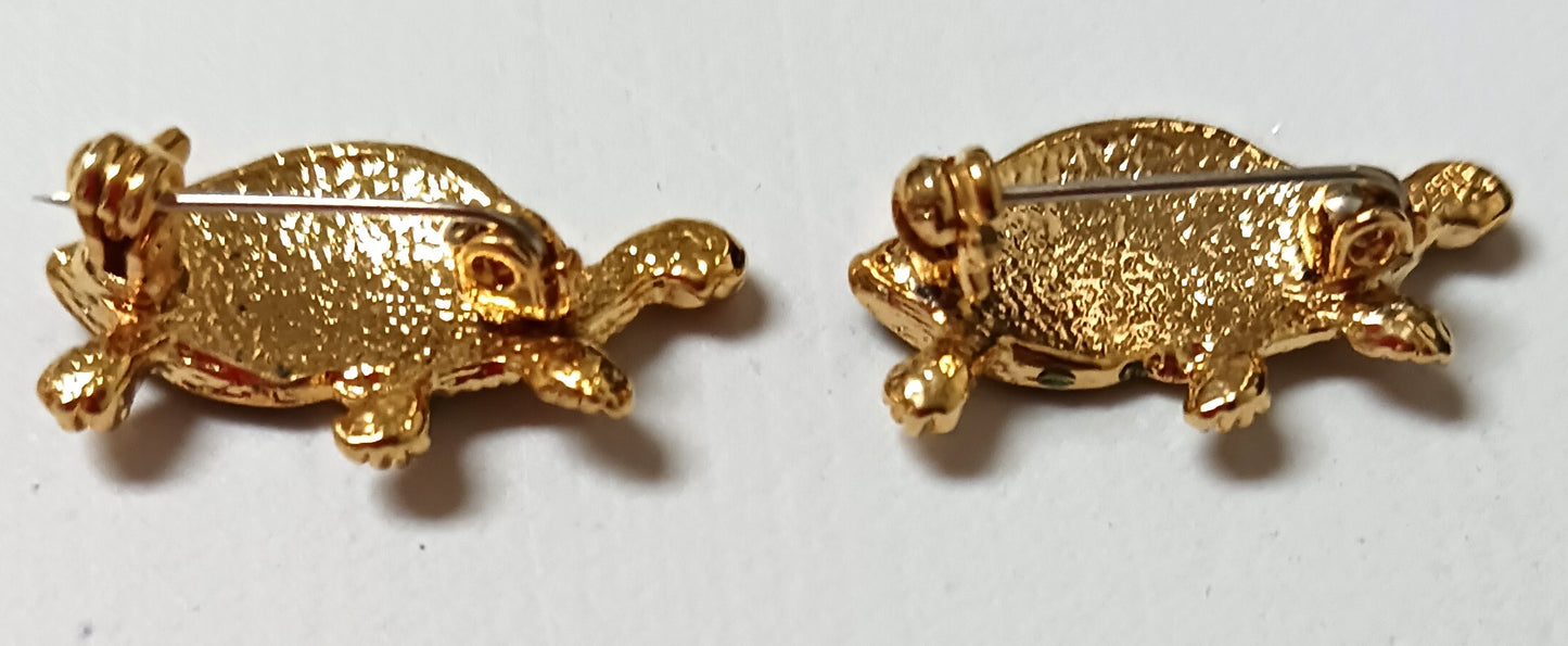 Pair Gold Tone and Green Turtle Pins