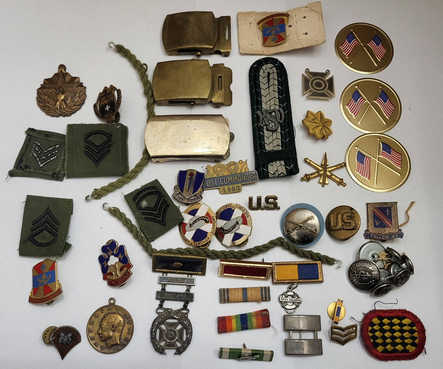 Vintage Estate Sale Militaria Metals Patches Pins Buckle Stickers Mixed