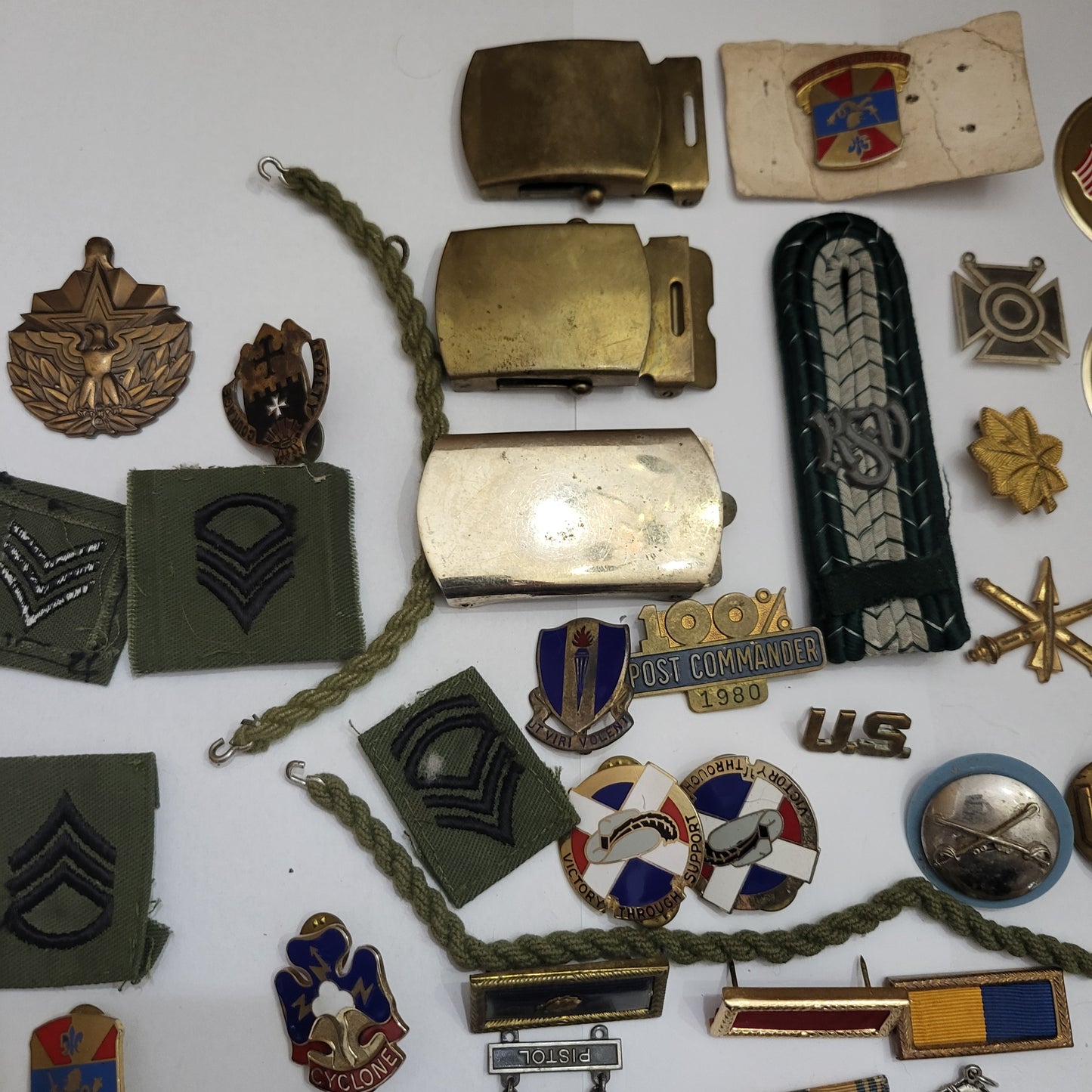 Vintage Estate Sale Militaria Metals Patches Pins Buckle Stickers Mixed