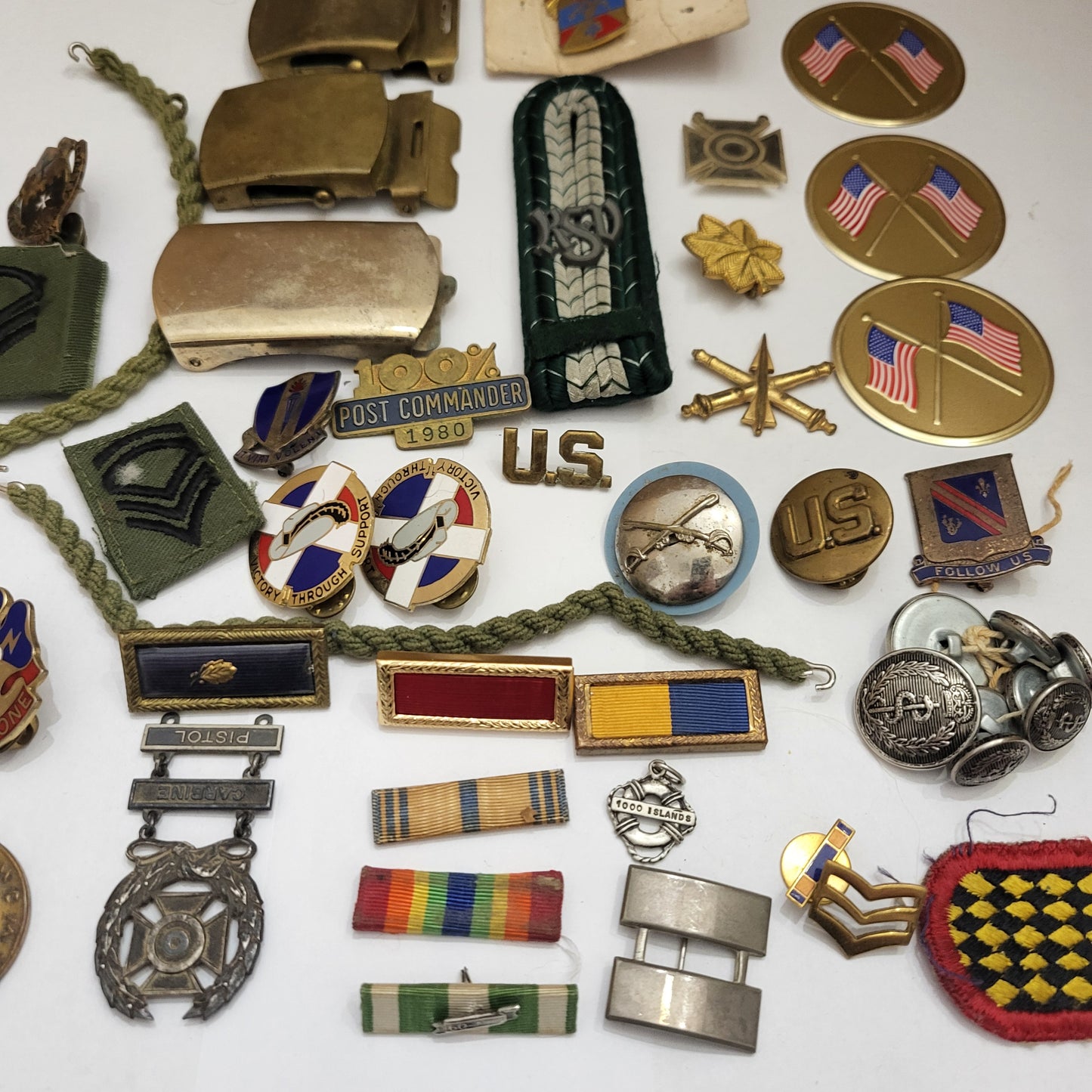 Vintage Estate Sale Militaria Metals Patches Pins Buckle Stickers Mixed