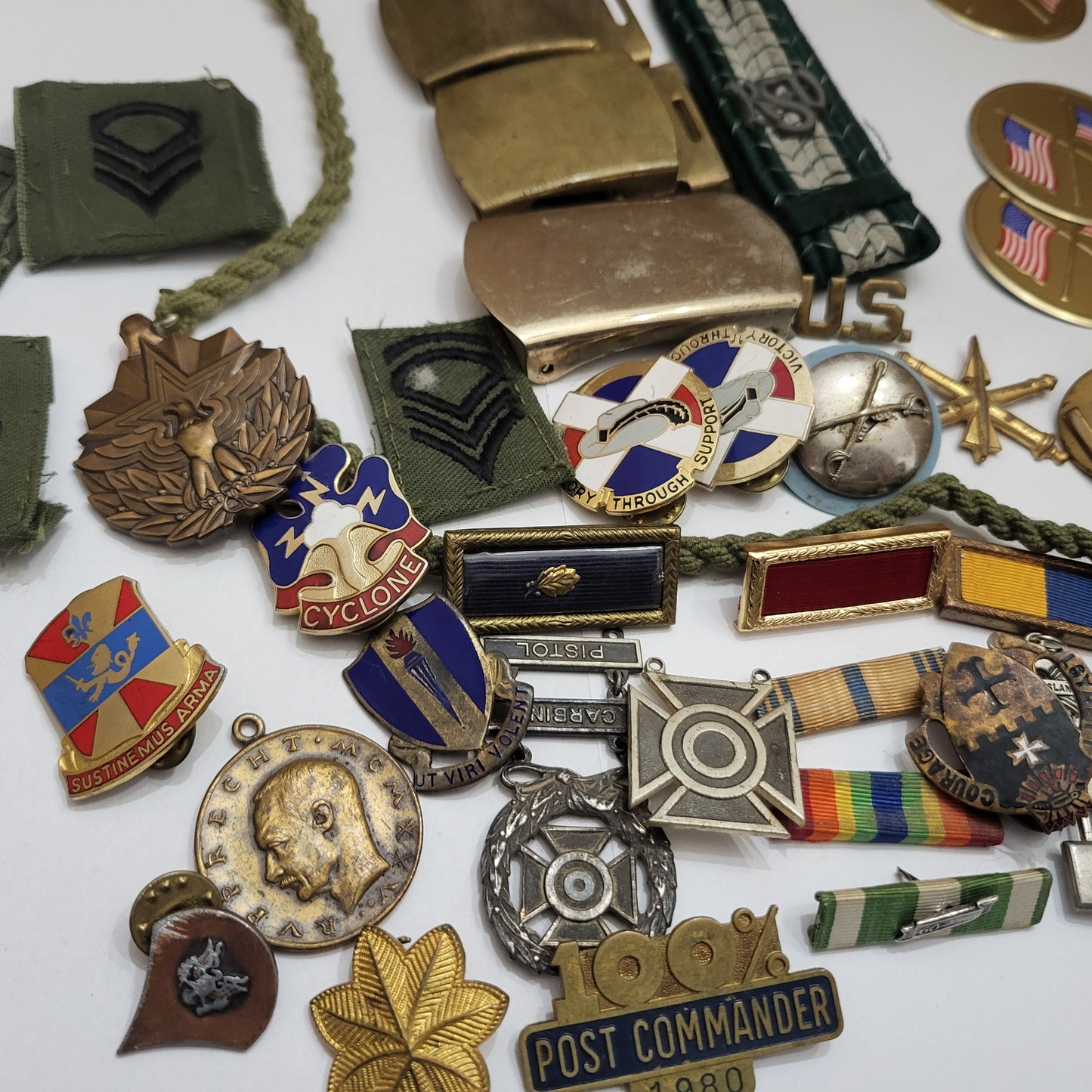 Vintage Estate Sale Militaria Metals Patches Pins Buckle Stickers Mixed
