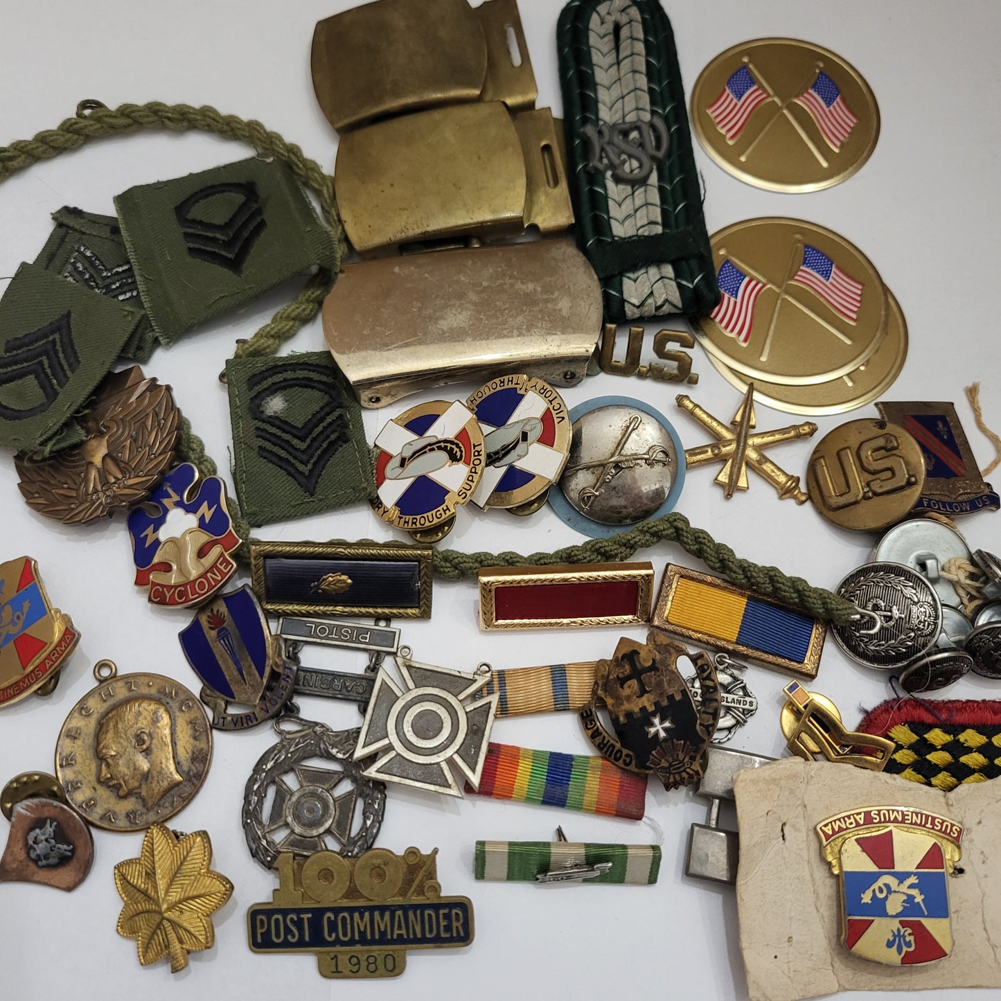 Vintage Estate Sale Militaria Metals Patches Pins Buckle Stickers Mixed