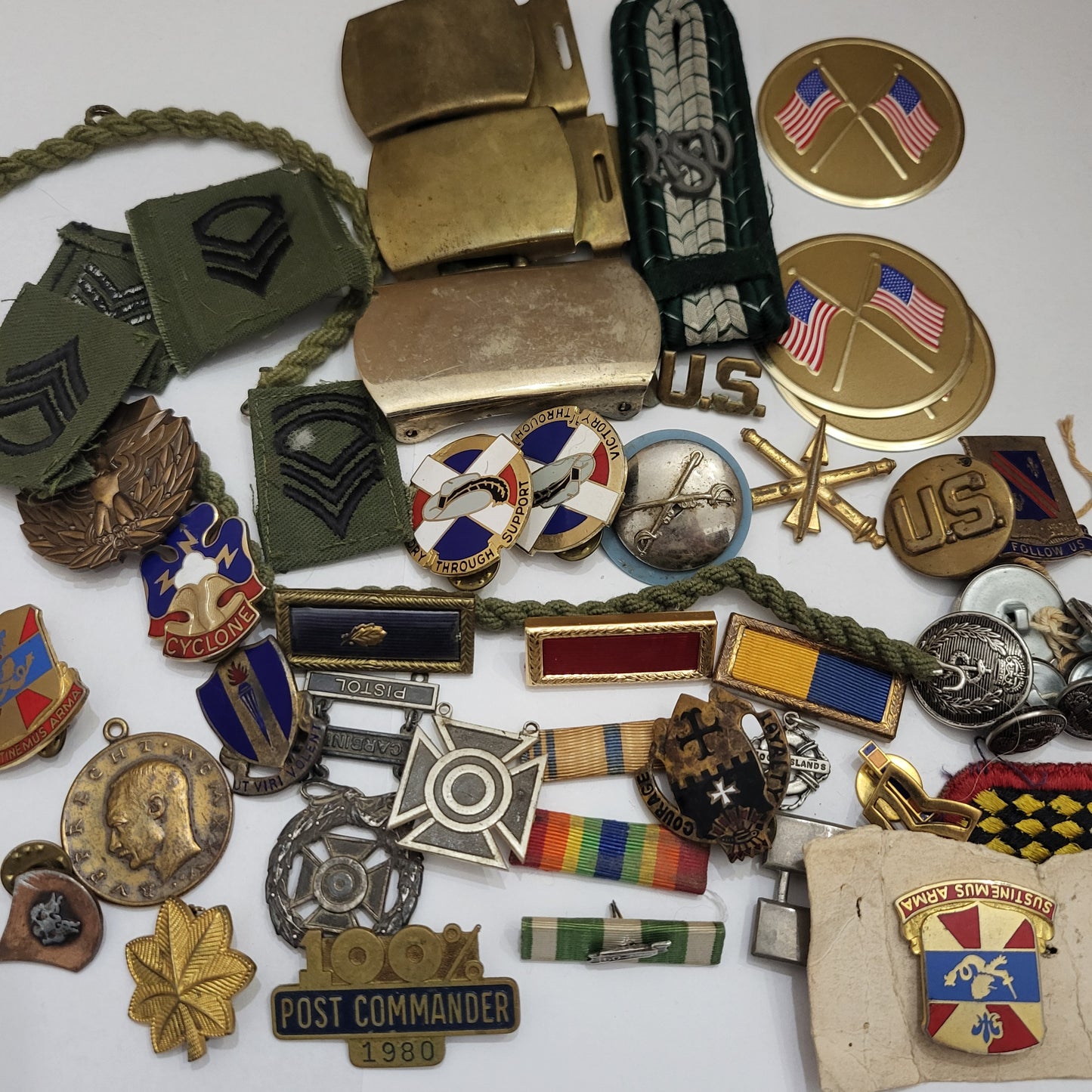 Vintage Estate Sale Militaria Metals Patches Pins Buckle Stickers Mixed