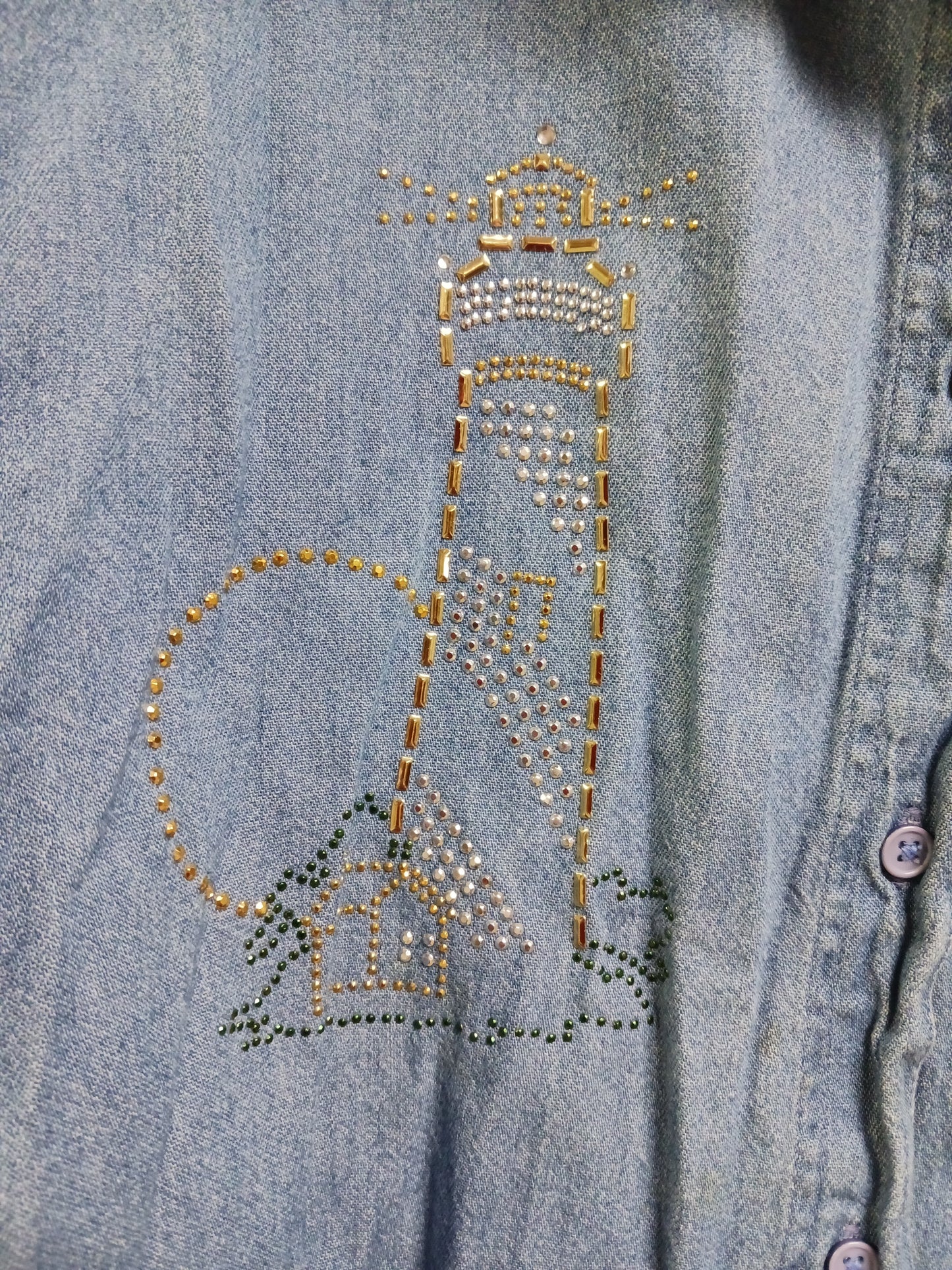 Las Olas Rhinestone Lighthouse Denim Button Up Shirt