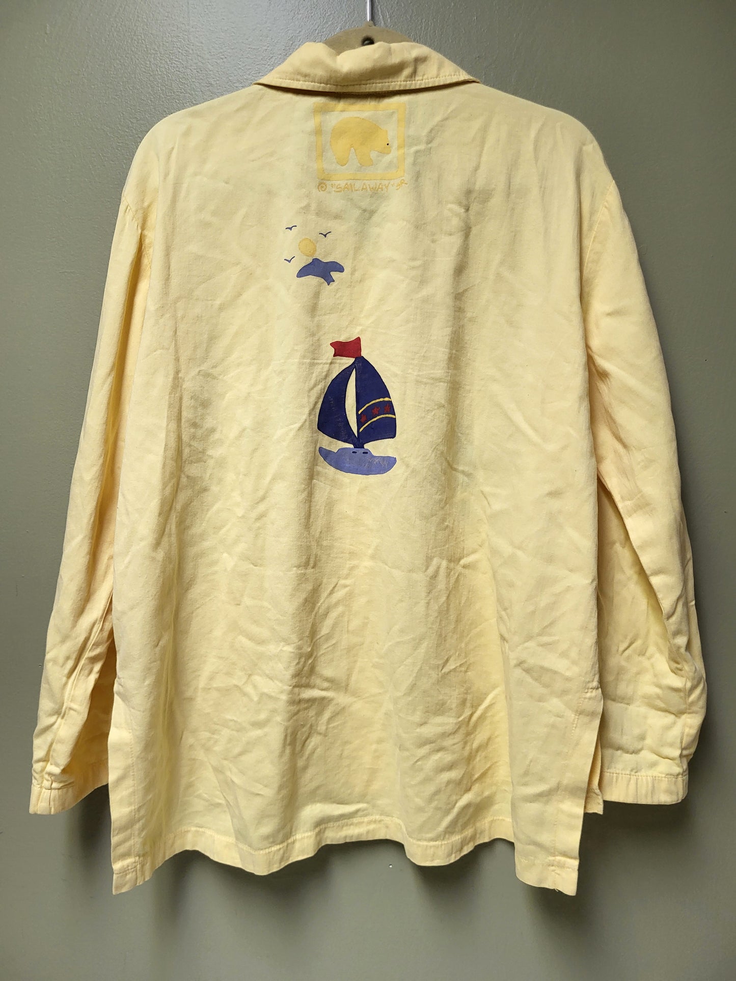 Vintage Yellow Blue-Eyed Bear Button Up Long Sleeve Shirt Size Large