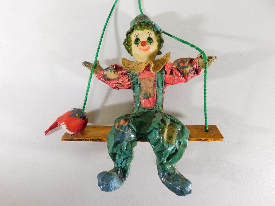 Vintage Folk Art Paper Mache Clown on a Swing