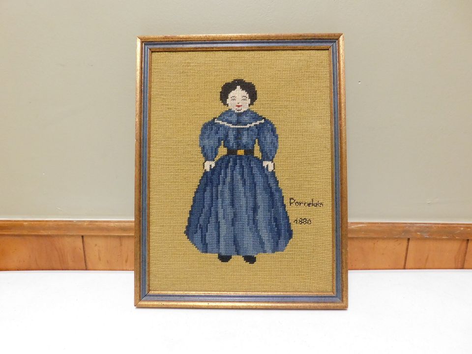 Vintage Framed Needlepoint Victorian Doll Framed Picture 1880
