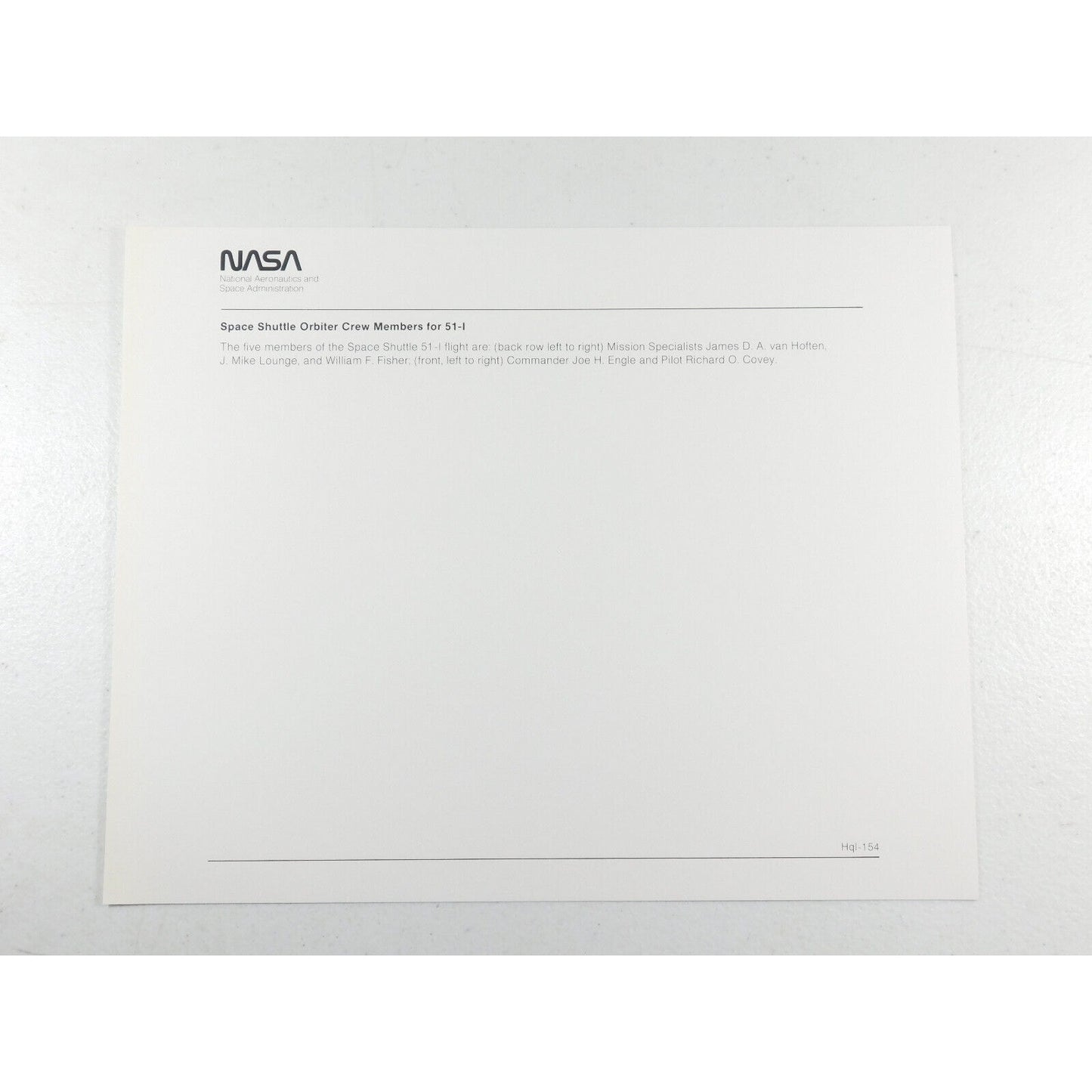 Vintage NASA Photo Print "Crew of Space Shuttle Mission 51-I" 8 x 10 Picture