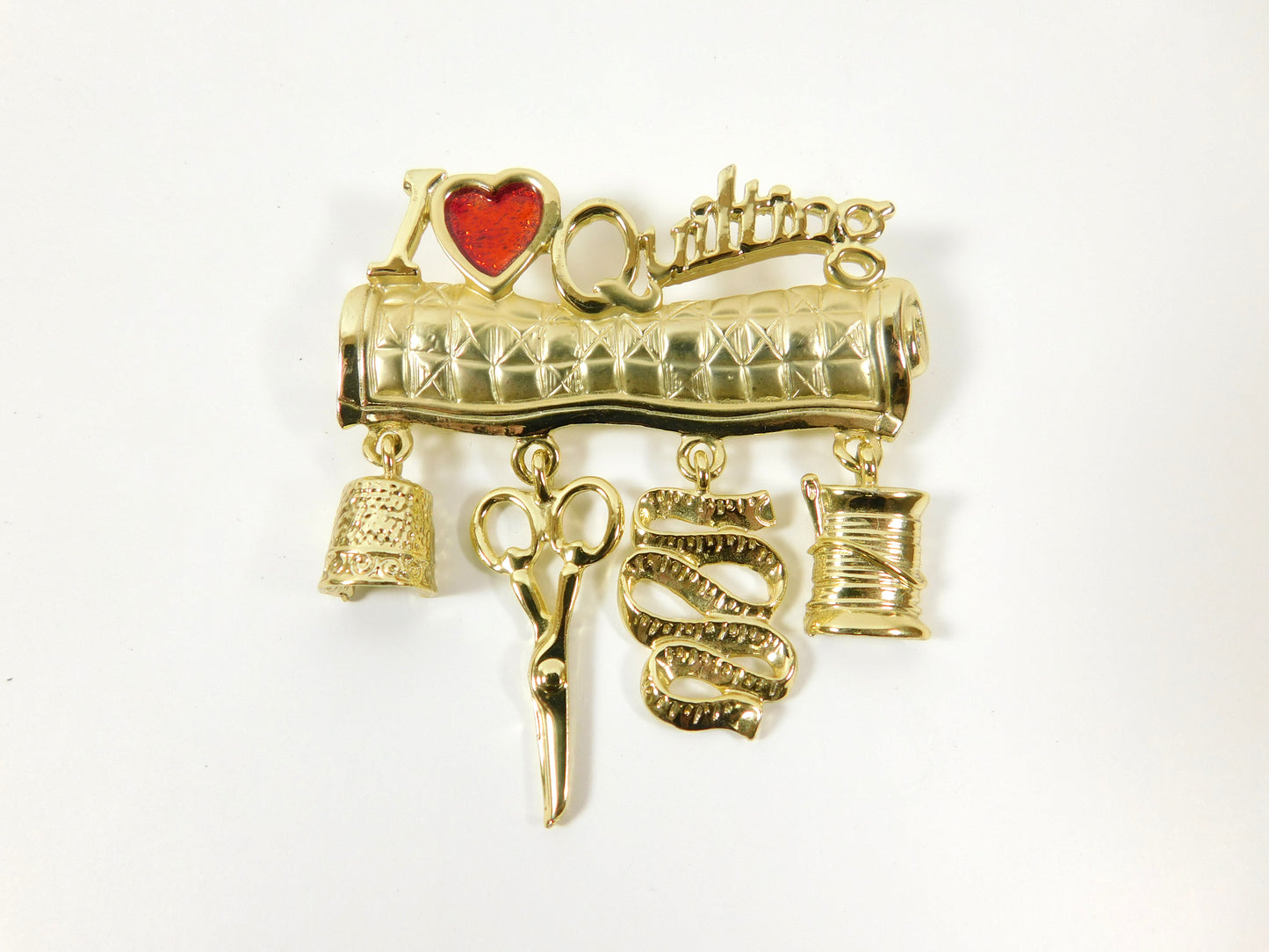 Vintage Gold Tone I Love (Heart) Quilting Lapel Pin Brooch