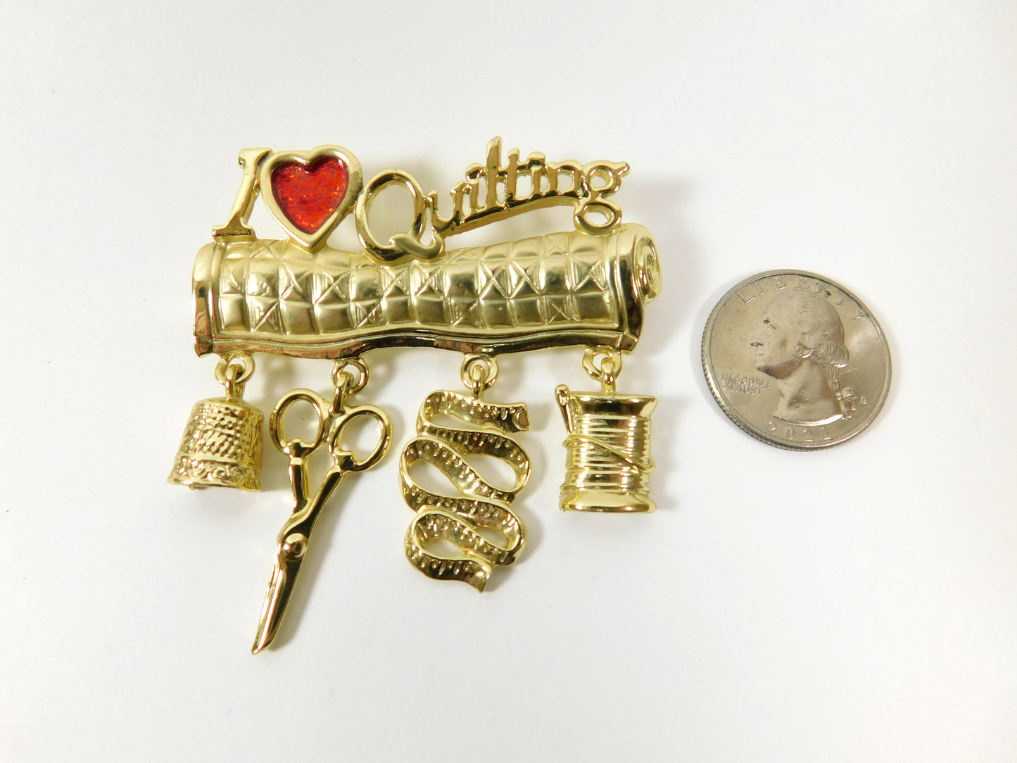 Vintage Gold Tone I Love (Heart) Quilting Lapel Pin Brooch