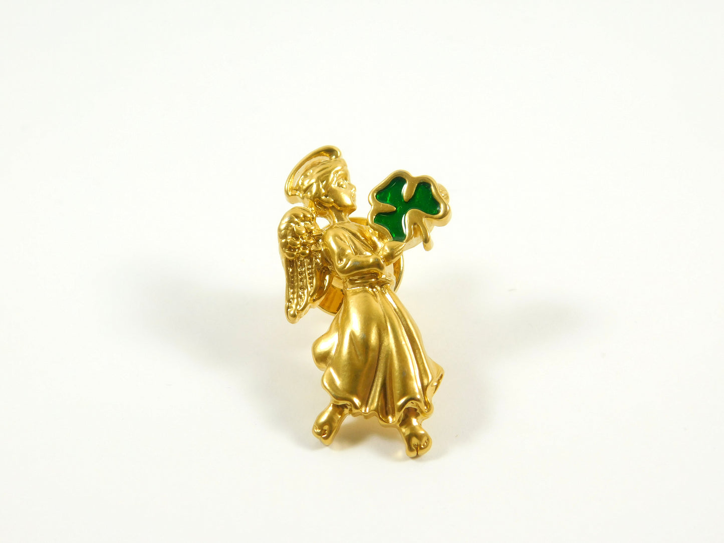 Vintage Gold Tone Avon Angel with Shamrock Clover Lapel Pin