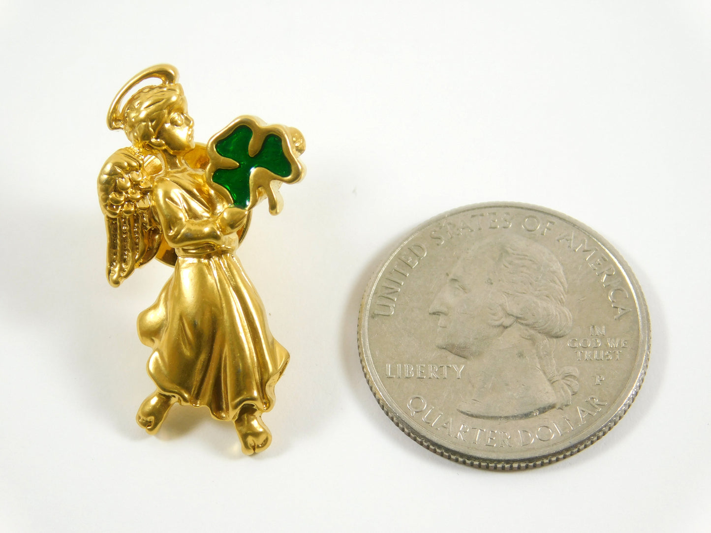 Vintage Gold Tone Avon Angel with Shamrock Clover Lapel Pin