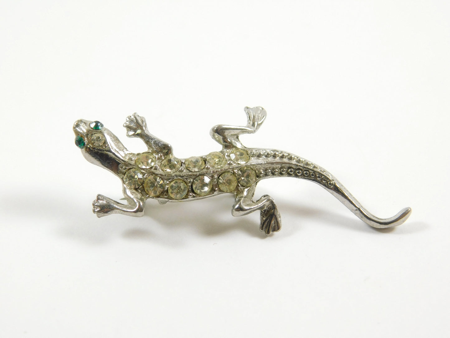 Vintage Rhinestone Silver Tone Lizard Brooch Lapel Pin