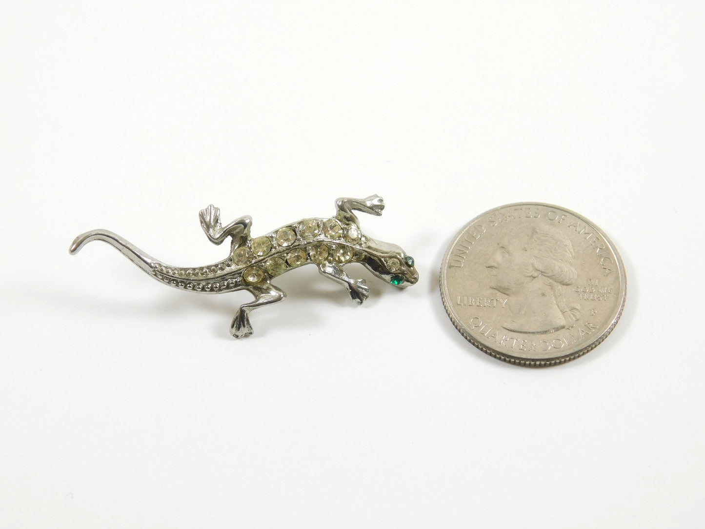 Vintage Rhinestone Silver Tone Lizard Brooch Lapel Pin