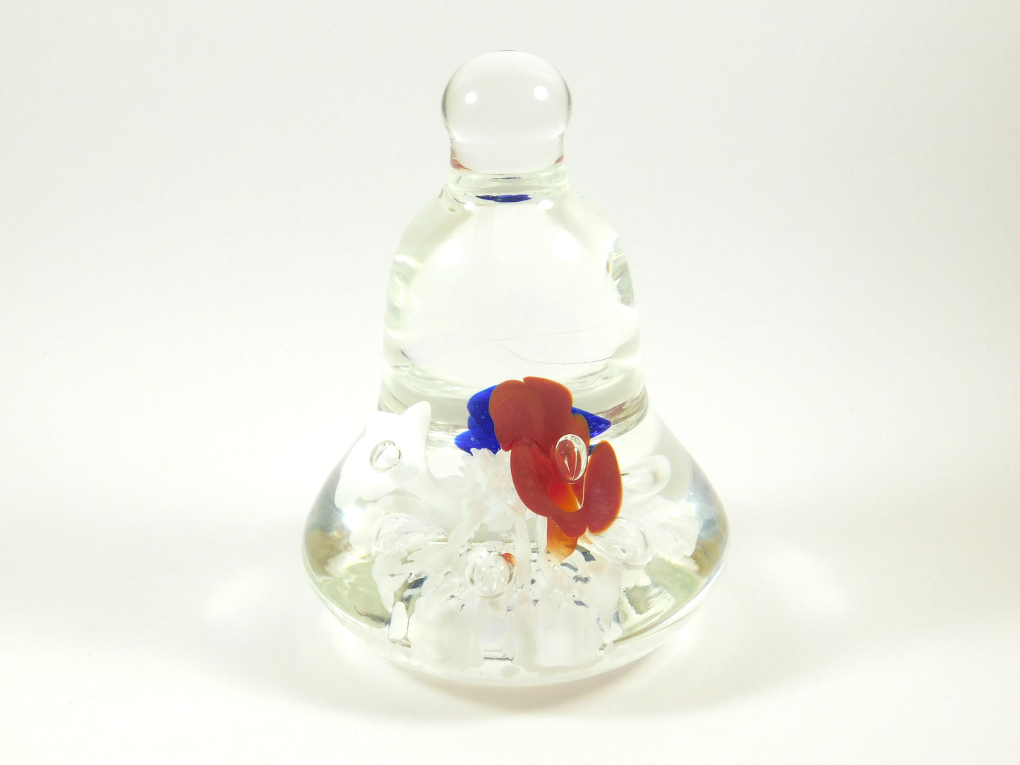 Vintage 1994 Joe Rice Clear Bell with Red, White, and Blue Flowers Paperweight