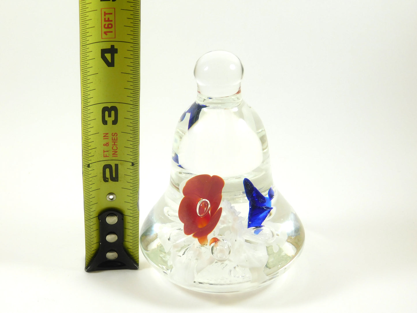 Vintage 1994 Joe Rice Clear Bell with Red, White, and Blue Flowers Paperweight