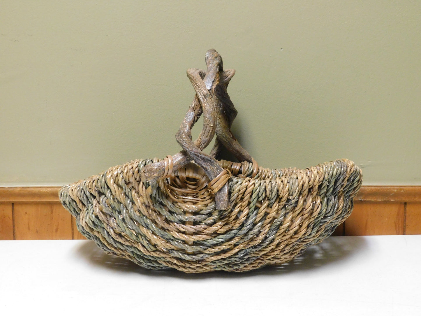 Vintage Woven Basket with Branch Handle