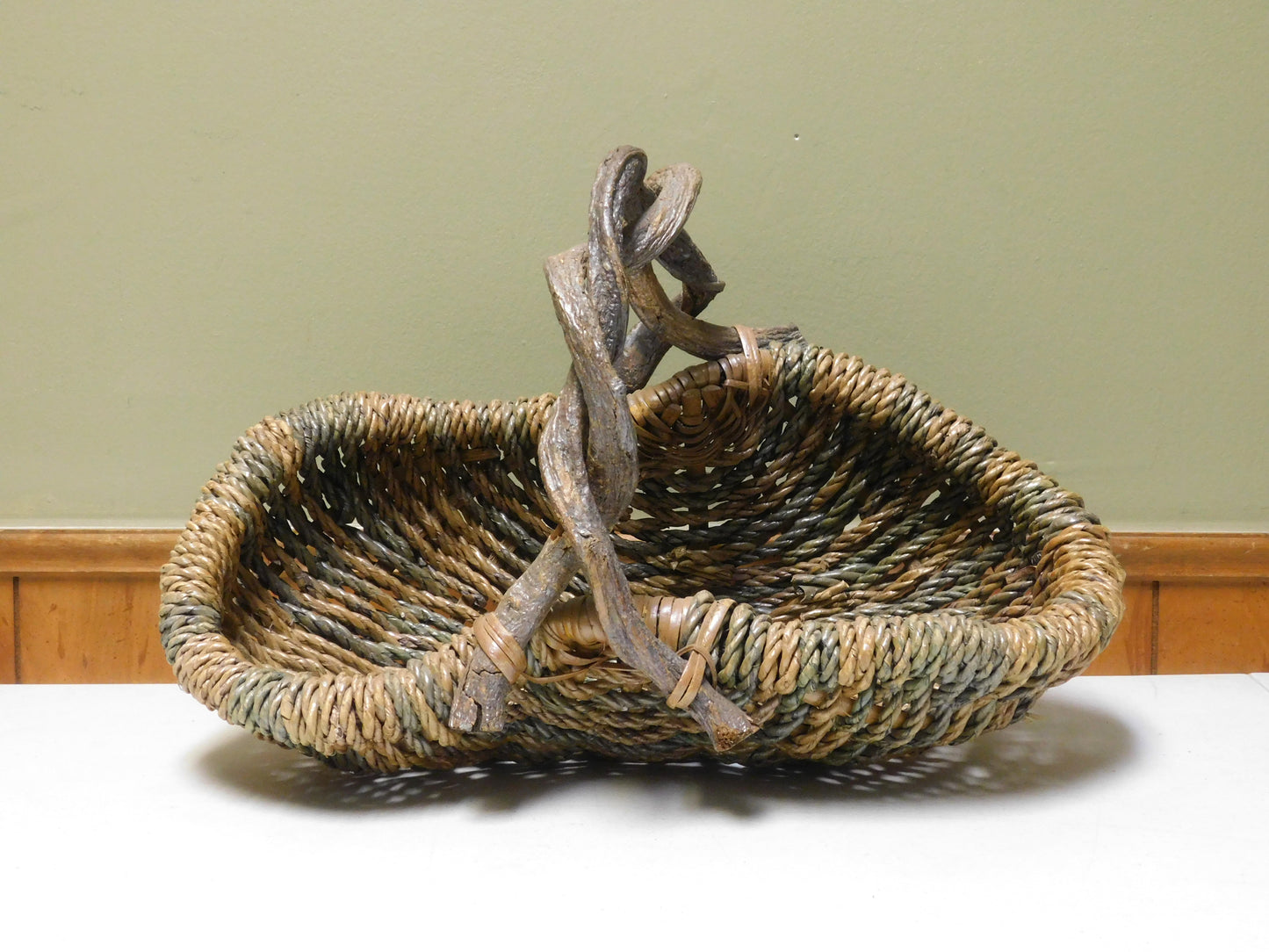 Vintage Woven Basket with Branch Handle