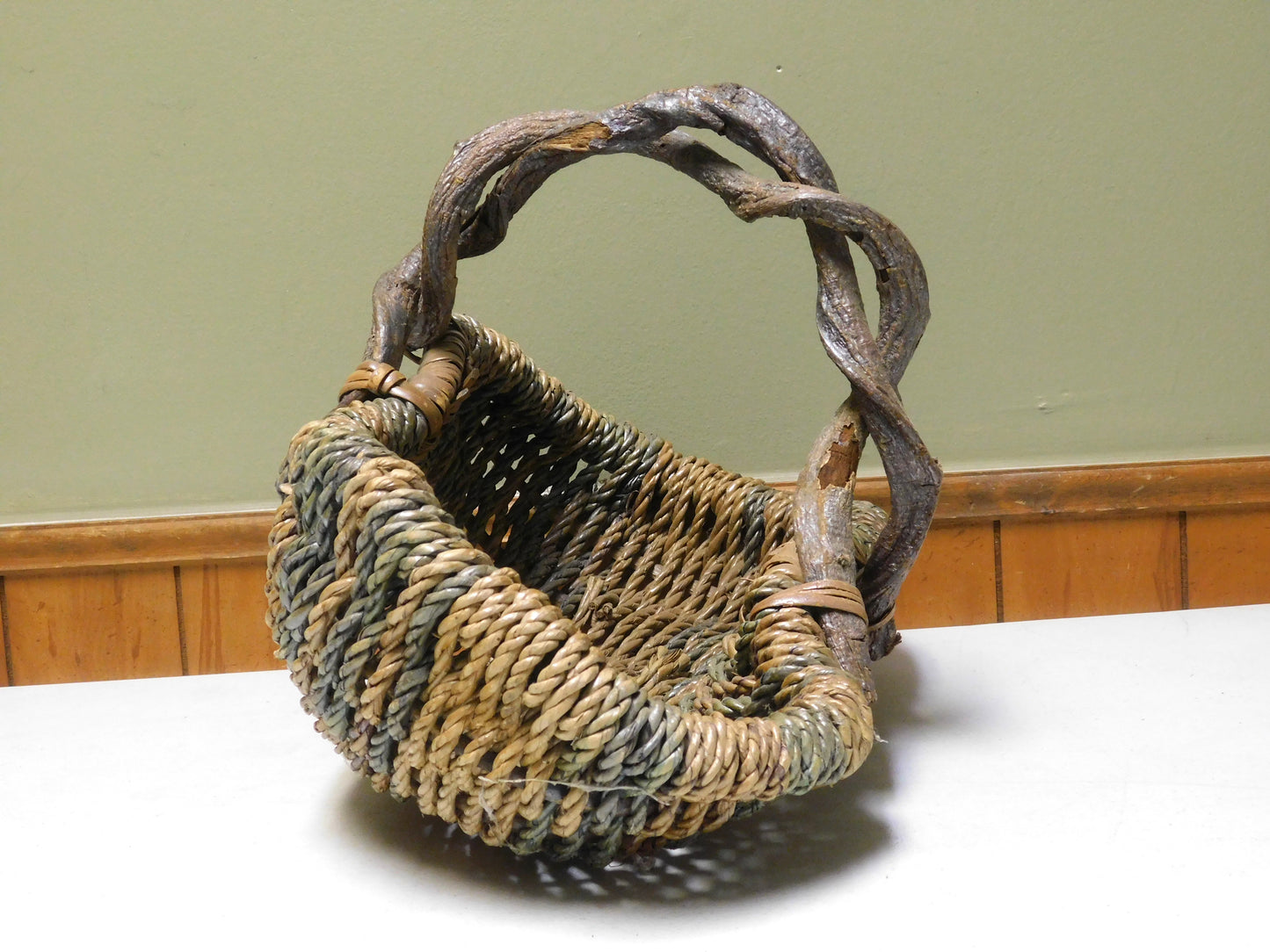Vintage Woven Basket with Branch Handle
