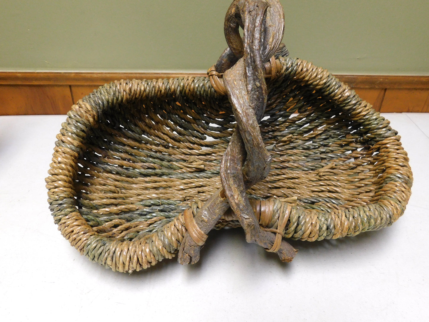 Vintage Woven Basket with Branch Handle