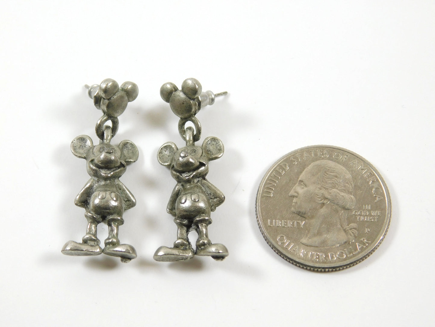 Vintage Silver Tone Disney Mickey Mouse Drop Dangle Earrings