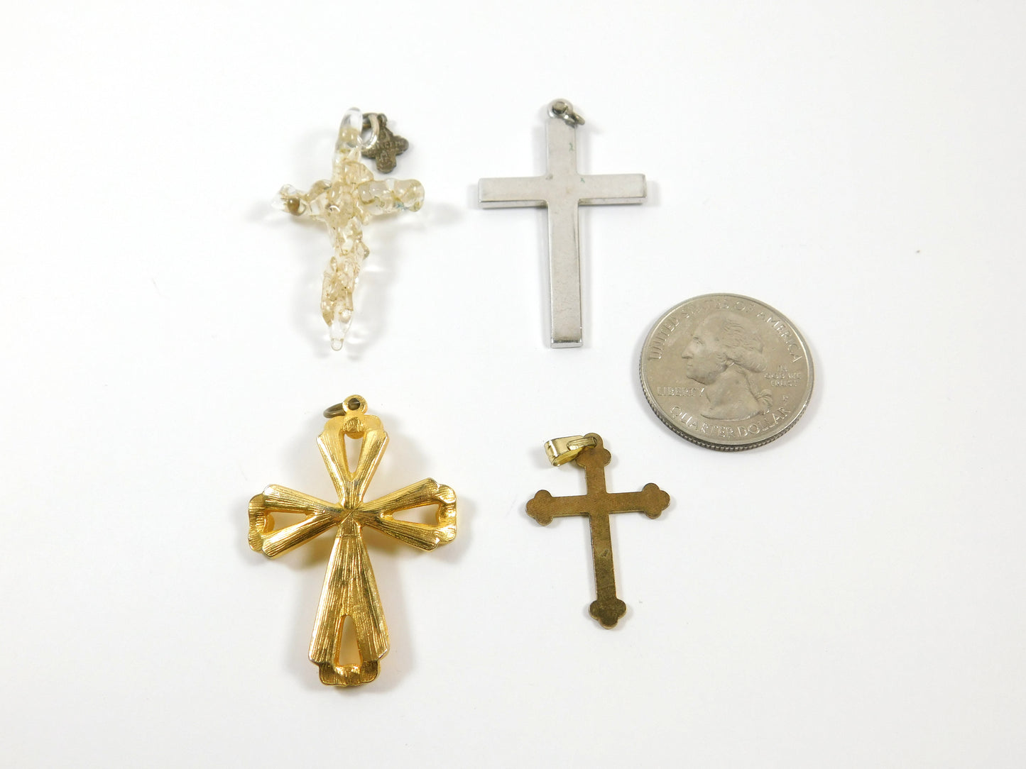 Lot of 4 Cross Pendants Gold Tone Silver Tone