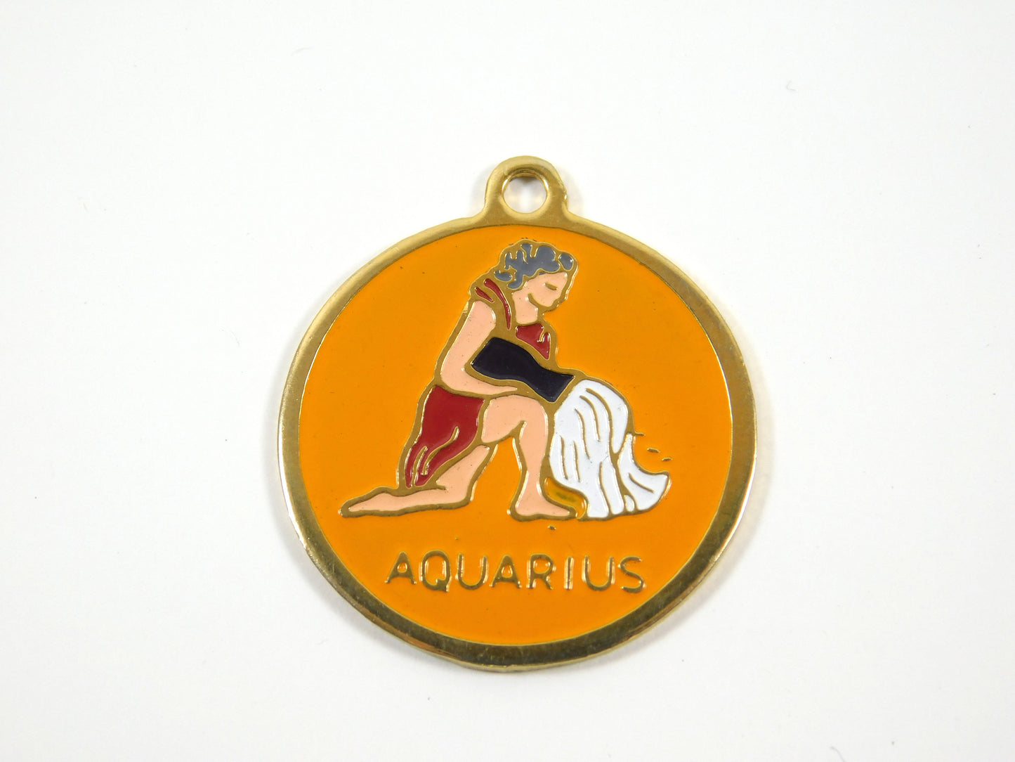 Vintage Aquarius Round Gold Tone Orange Pendant