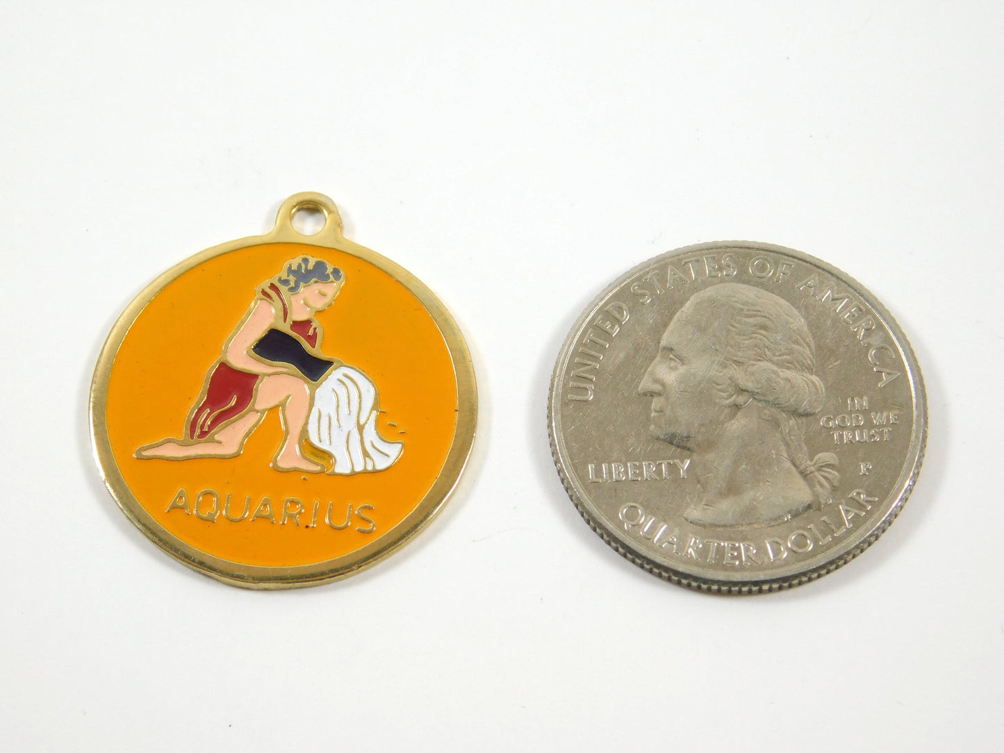 Vintage Aquarius Round Gold Tone Orange Pendant