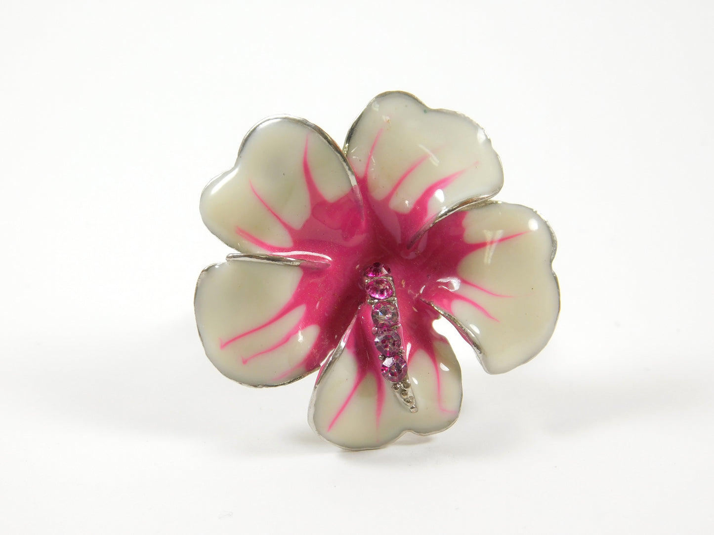 Silver Tone Pink and White Enamel Adjustable Flower Ring