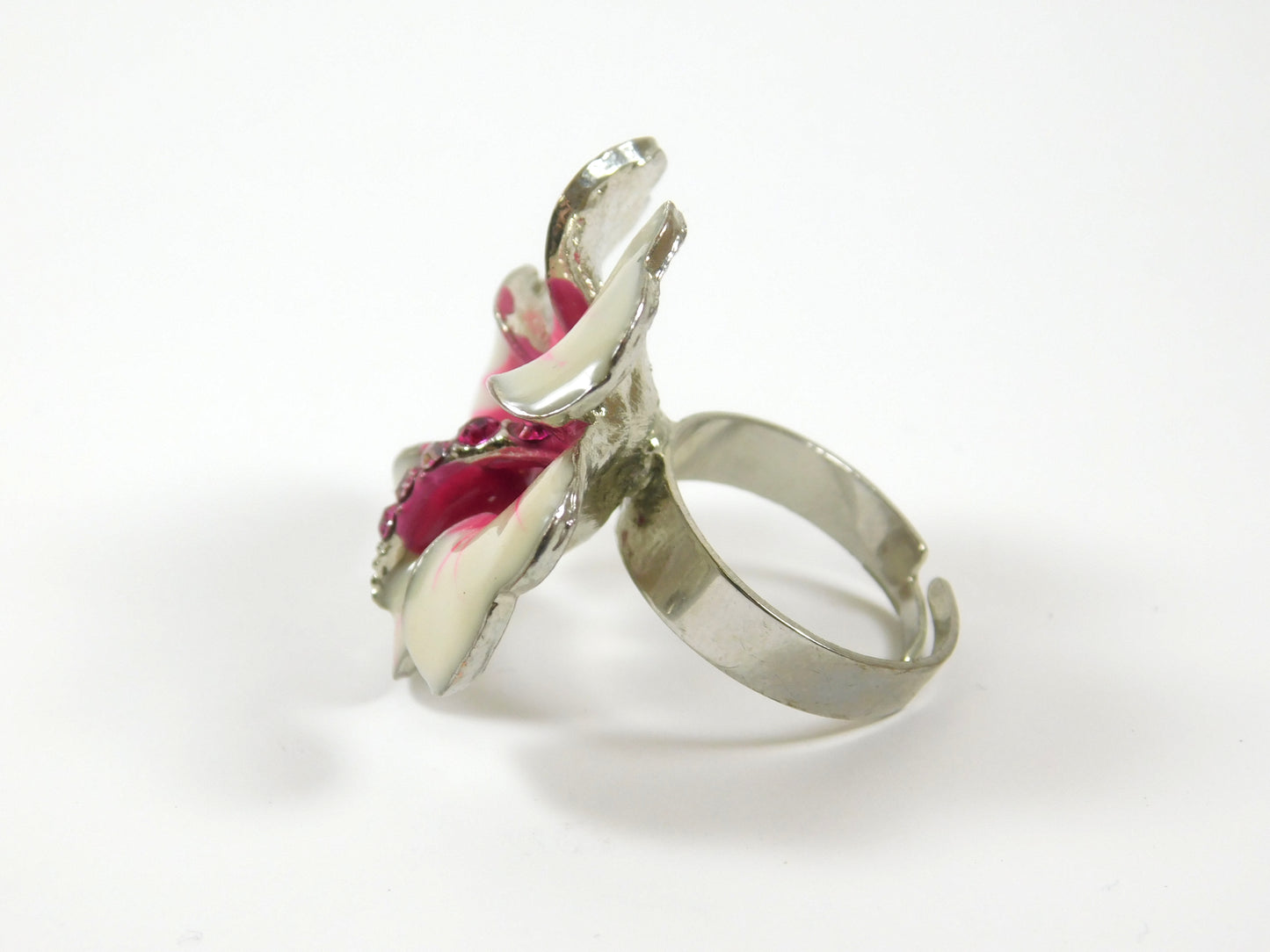 Silver Tone Pink and White Enamel Adjustable Flower Ring