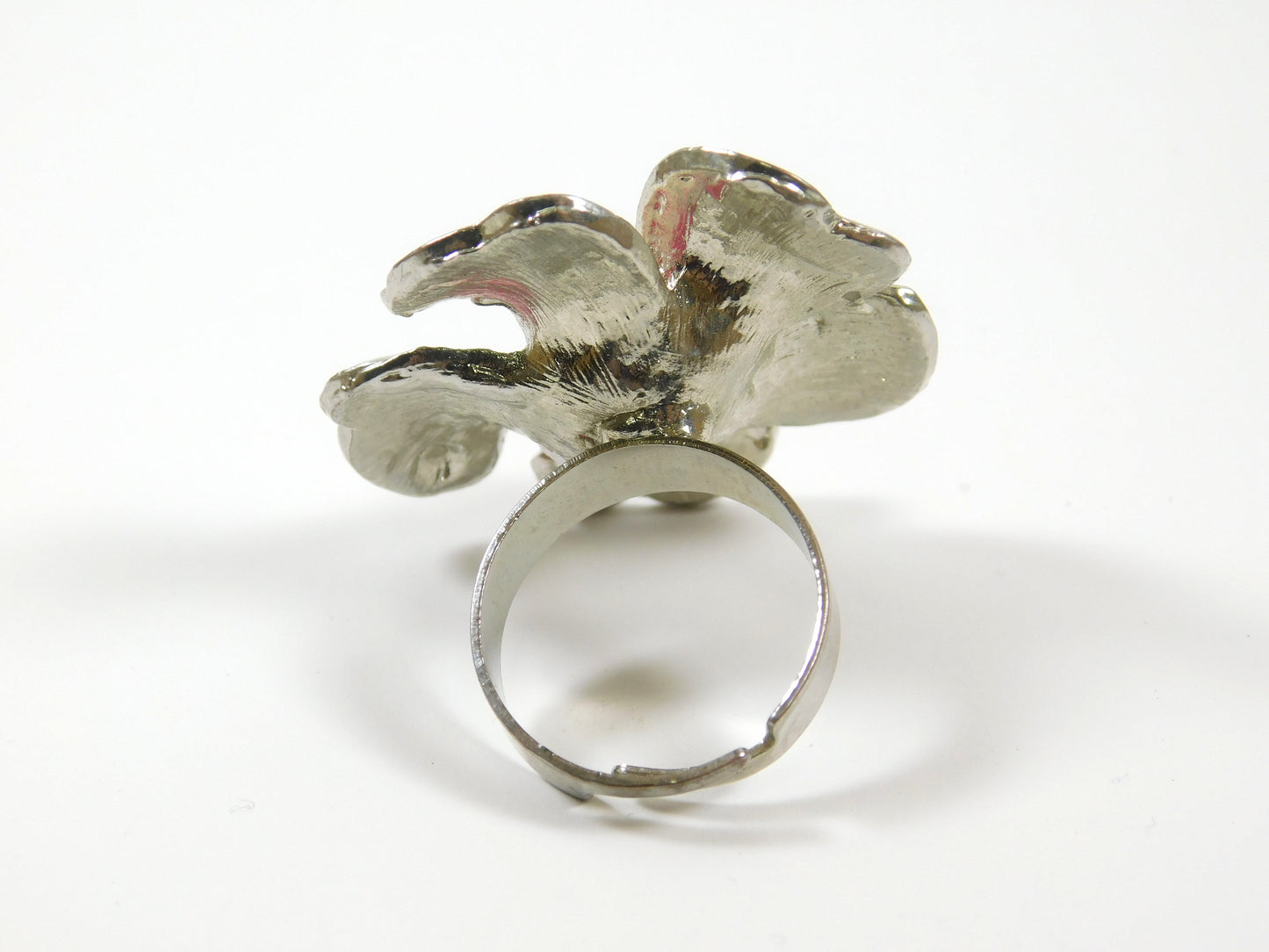 Silver Tone Pink and White Enamel Adjustable Flower Ring