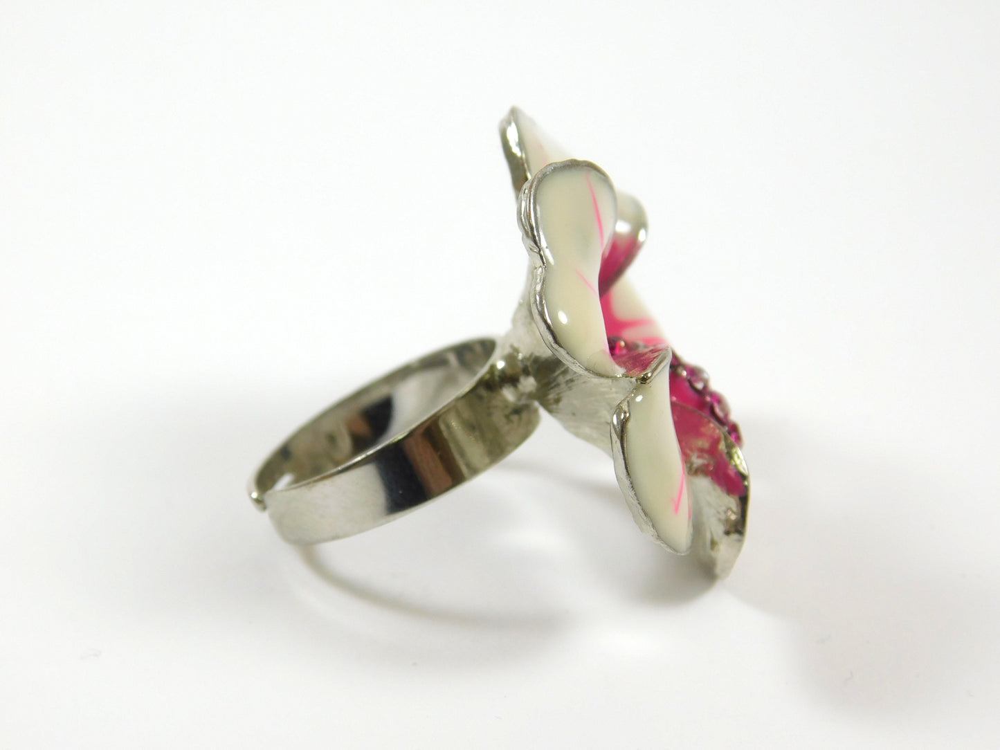 Silver Tone Pink and White Enamel Adjustable Flower Ring