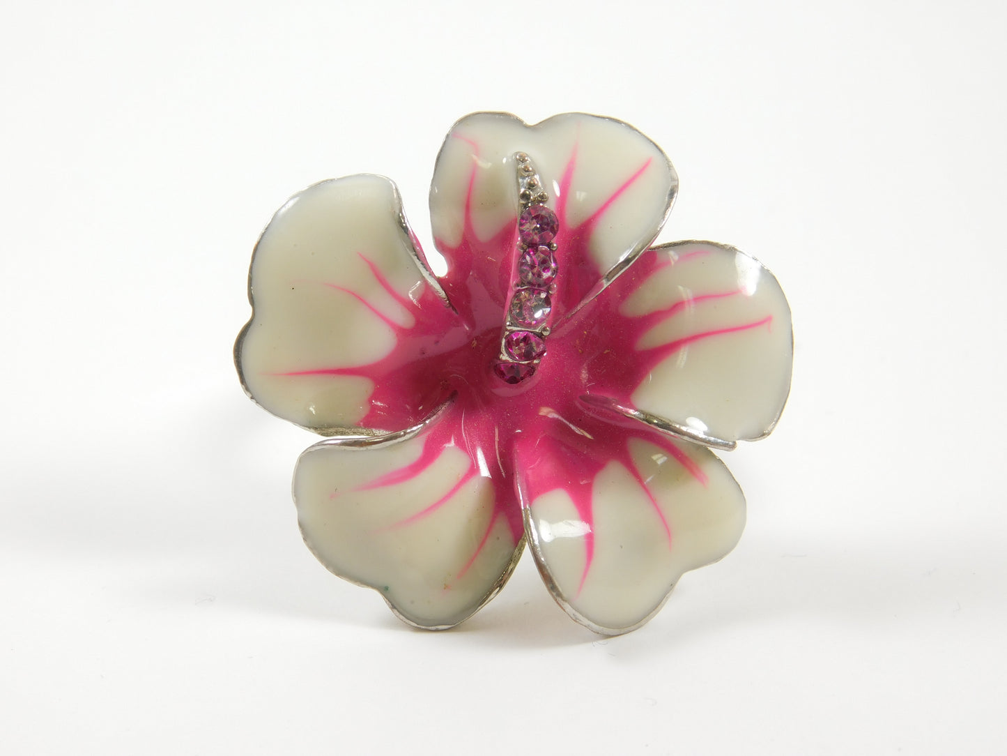 Silver Tone Pink and White Enamel Adjustable Flower Ring