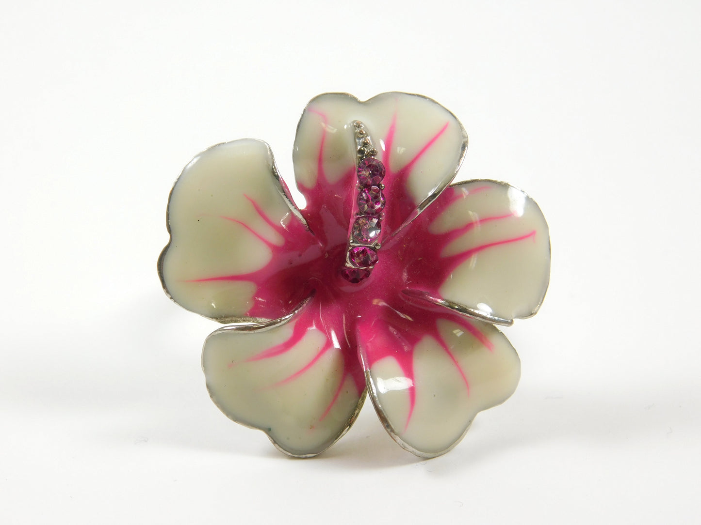 Silver Tone Pink and White Enamel Adjustable Flower Ring
