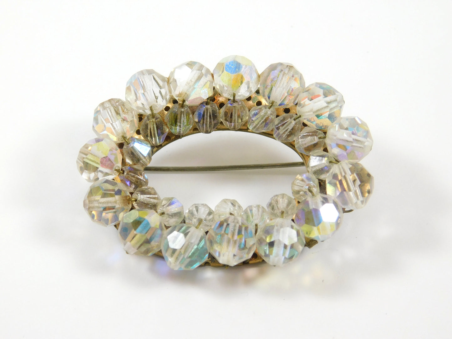 Vintage Aurora Borealis Oval Glass Rhinestone Brooch