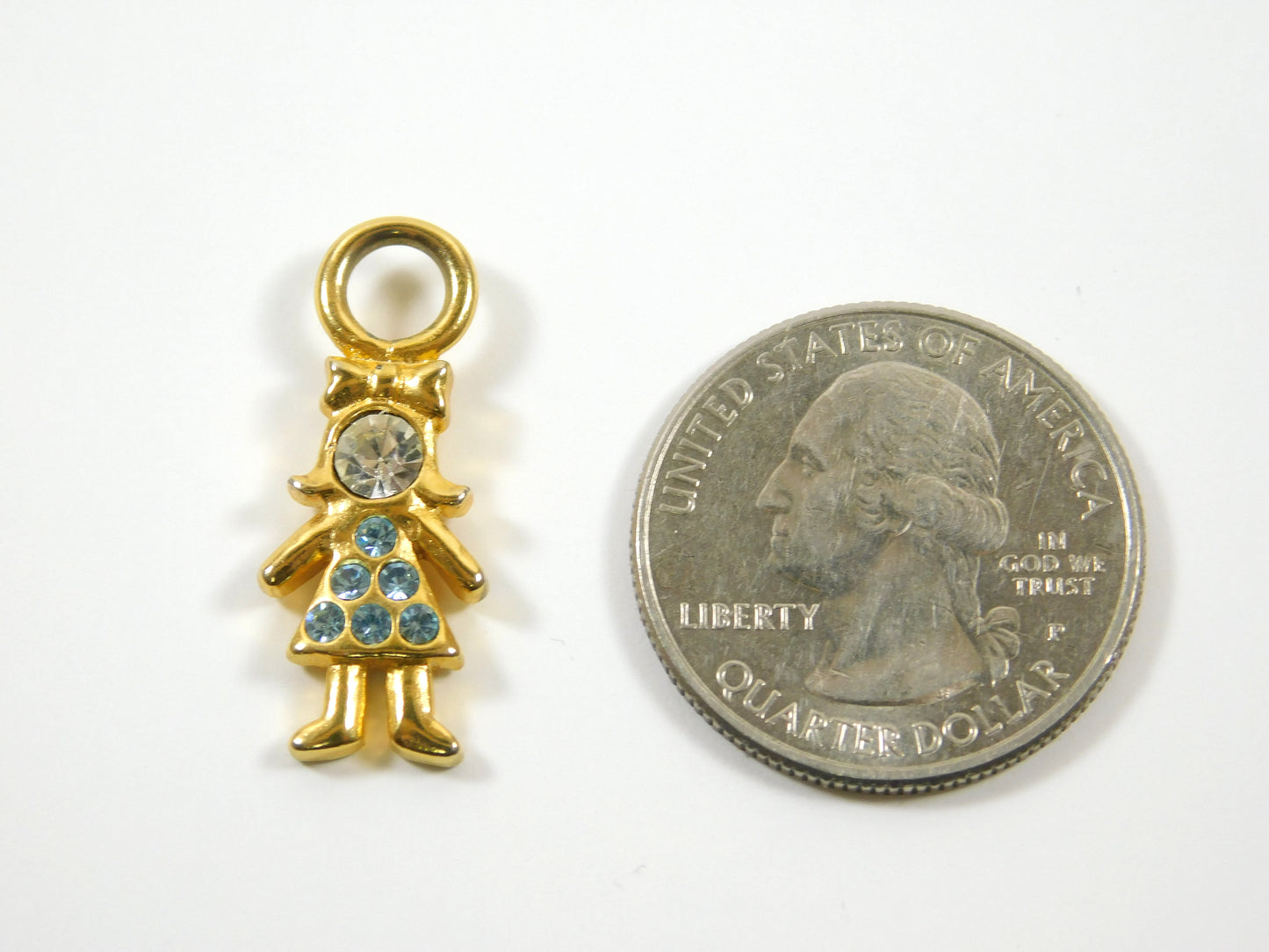 Gold Tone Little Girl Charm Pendant with Blue Rhinestone Dress