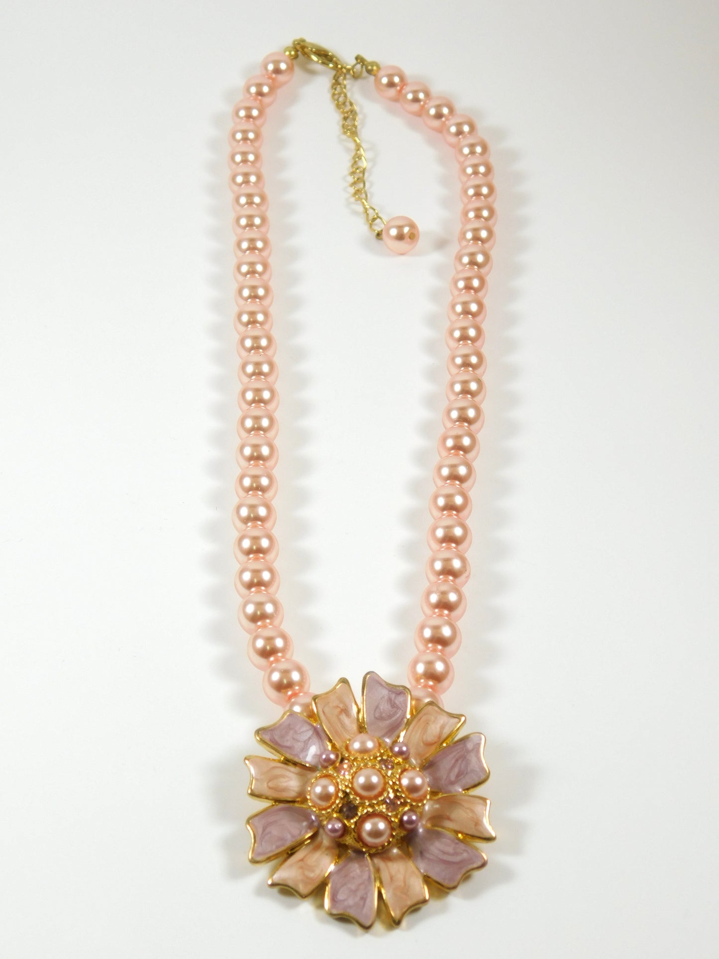 Gold Tone Pink Pearl Flower Necklace