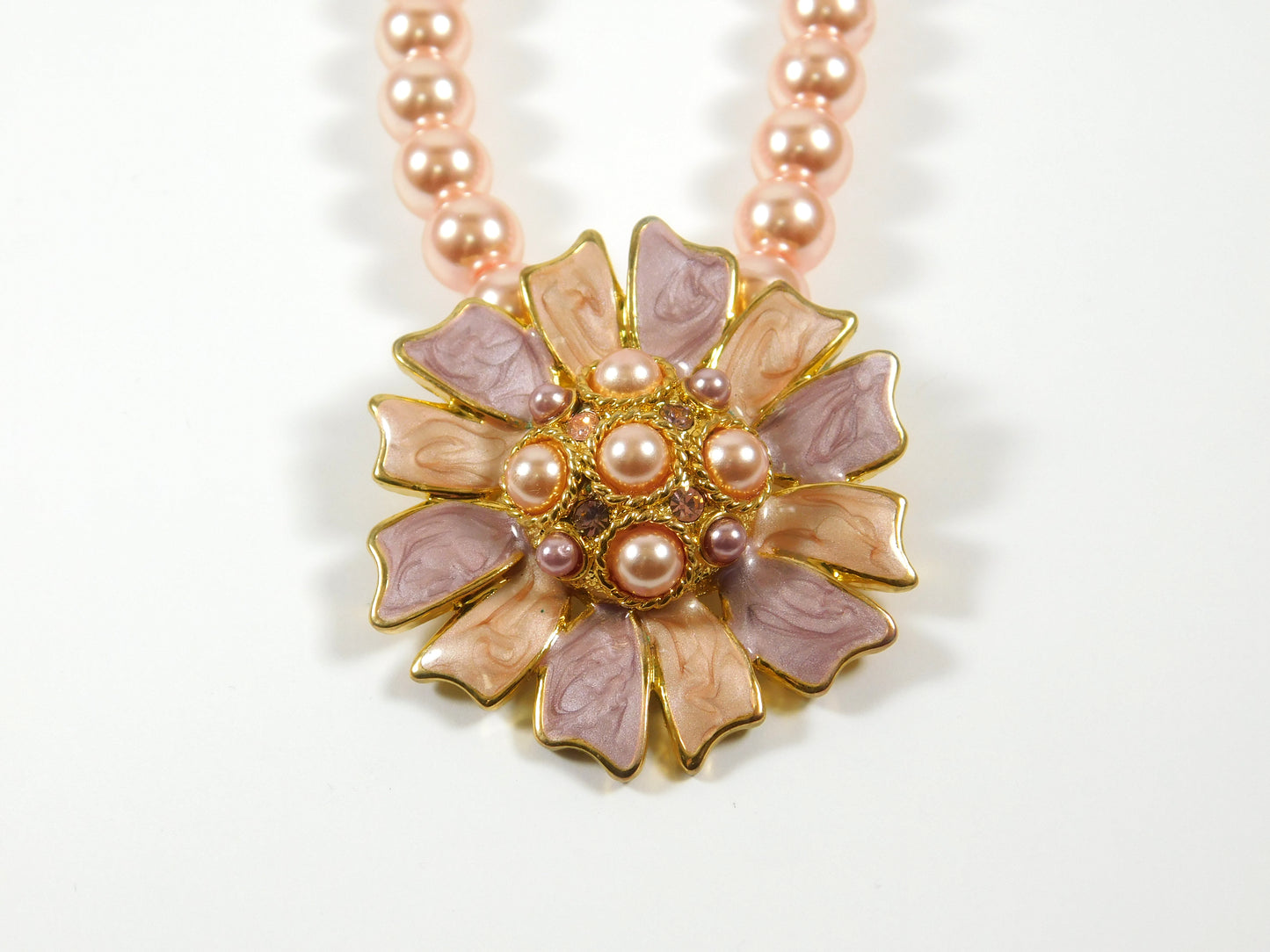 Gold Tone Pink Pearl Flower Necklace