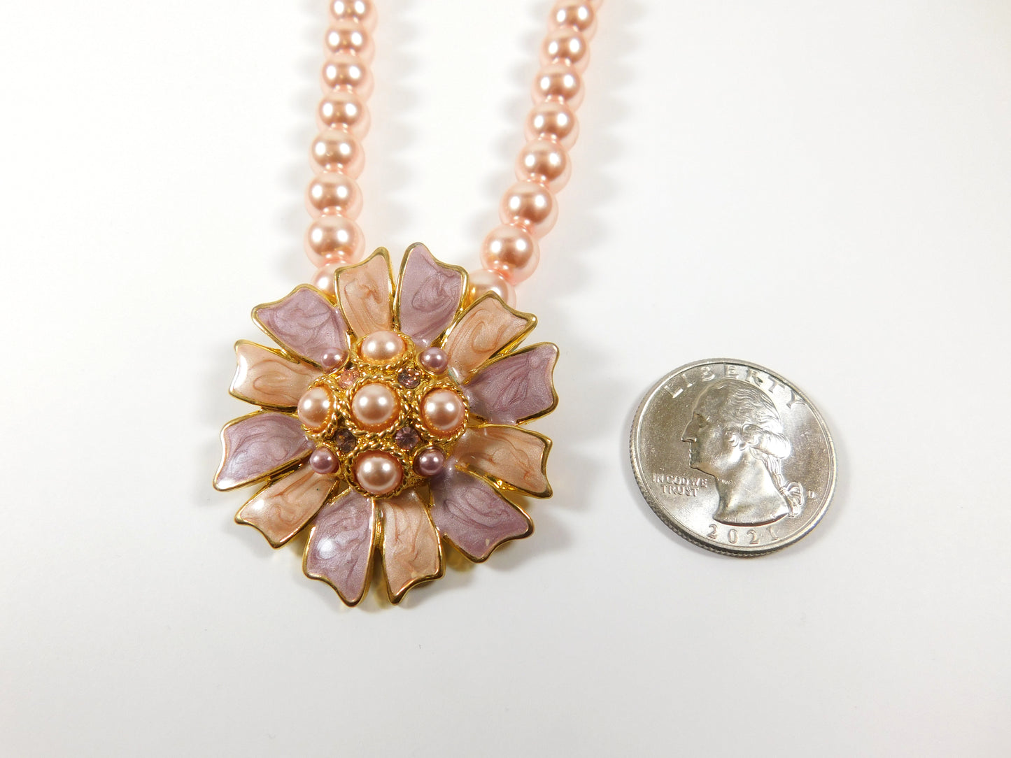 Gold Tone Pink Pearl Flower Necklace