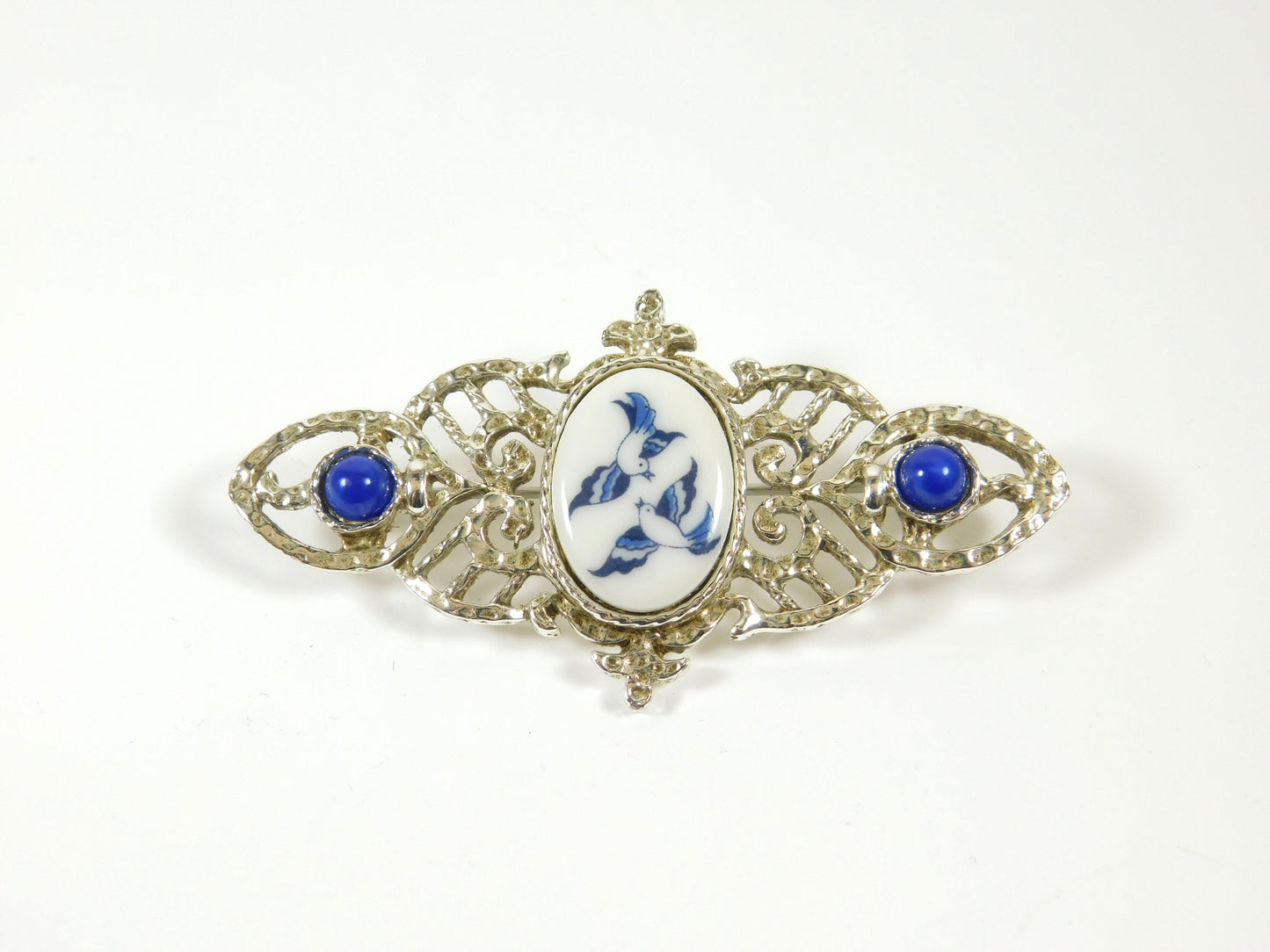 Blue and White Silver Tone Delft Brooch with Birds