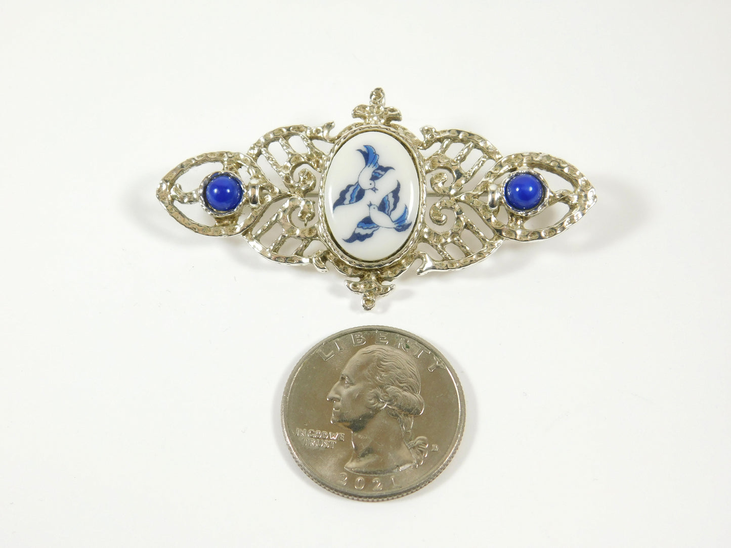 Blue and White Silver Tone Delft Brooch with Birds