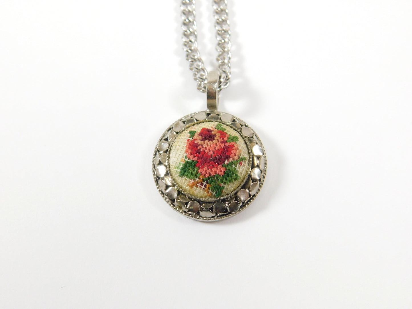 Vintage Silver Tone Fabric Embroidered Flower Necklace