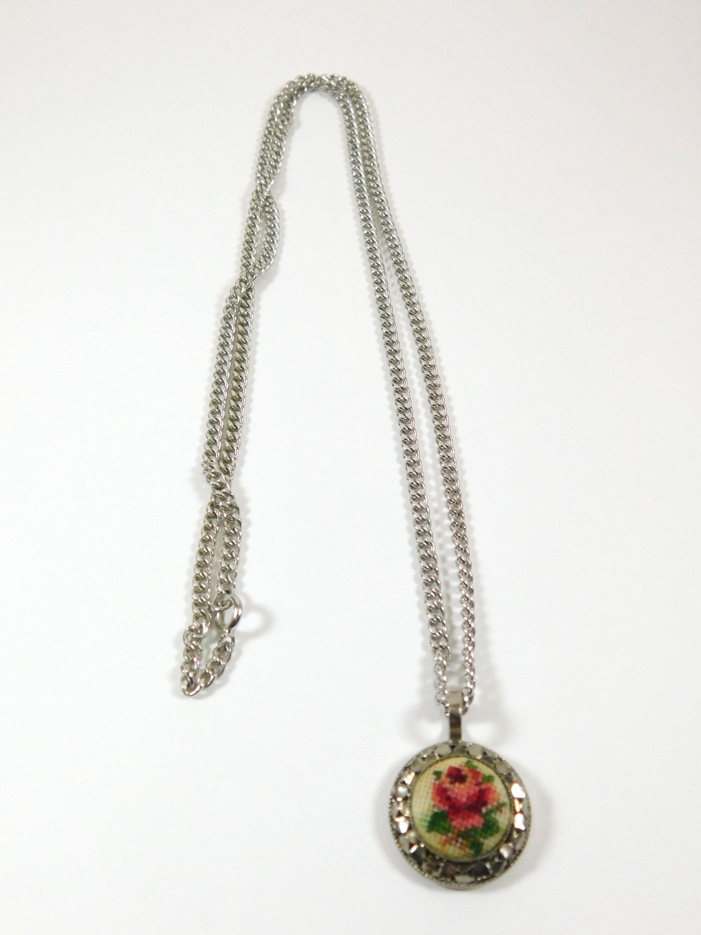 Vintage Silver Tone Fabric Embroidered Flower Necklace