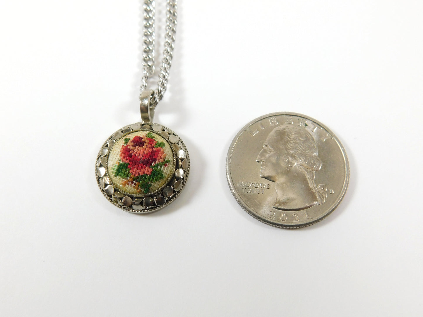 Vintage Silver Tone Fabric Embroidered Flower Necklace