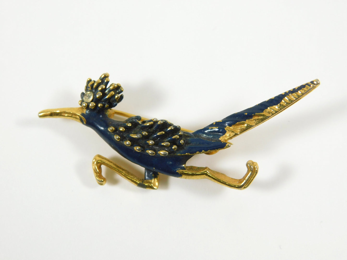 Vintage Gold Tone Blue Roadrunner Lapel Pin Brooch