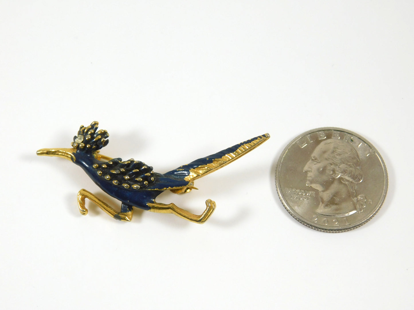 Vintage Gold Tone Blue Roadrunner Lapel Pin Brooch