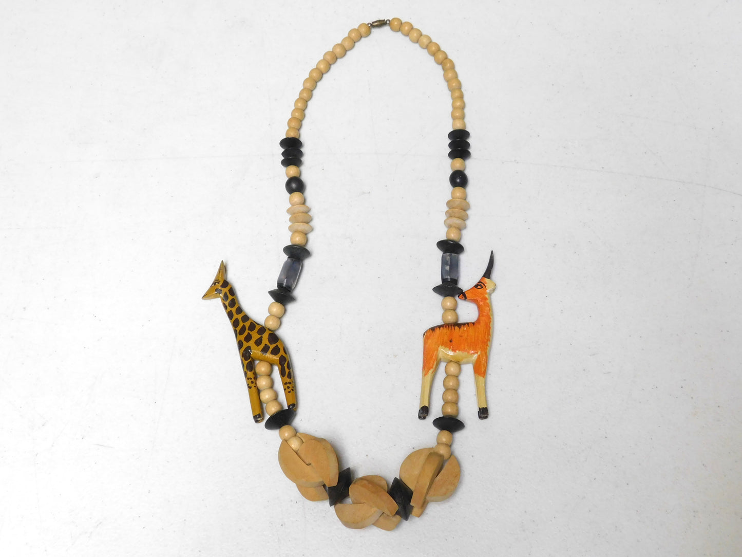 Vintage Wooden African Animal Safari Necklace Giraffe and Antelope